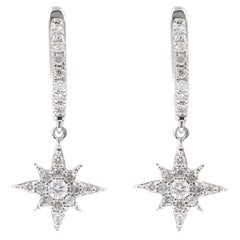 14KT White Gold Diamond Star Dangle Huggie Hoop Earrings