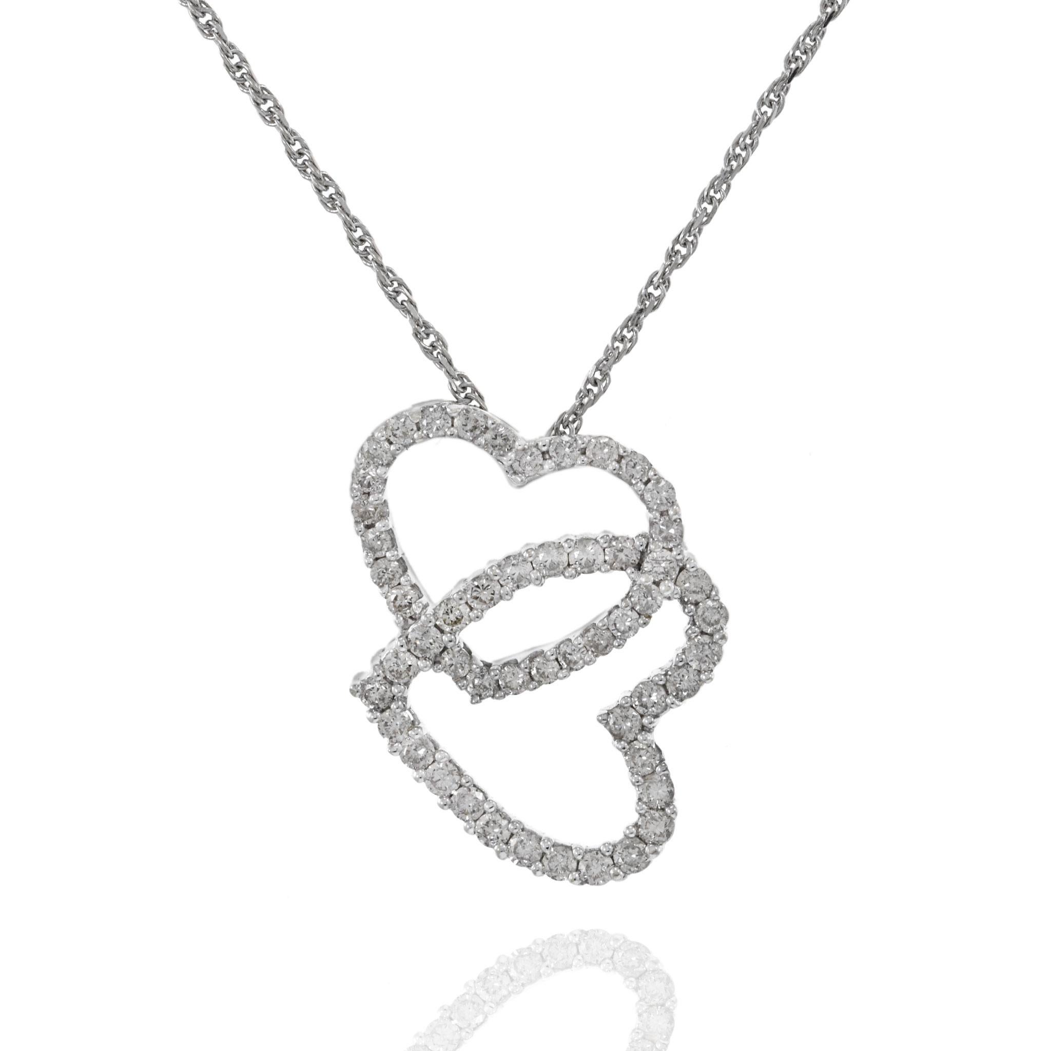 Moderno Ciondolo con diamante a doppio cuore aperto in oro bianco 14KT in vendita