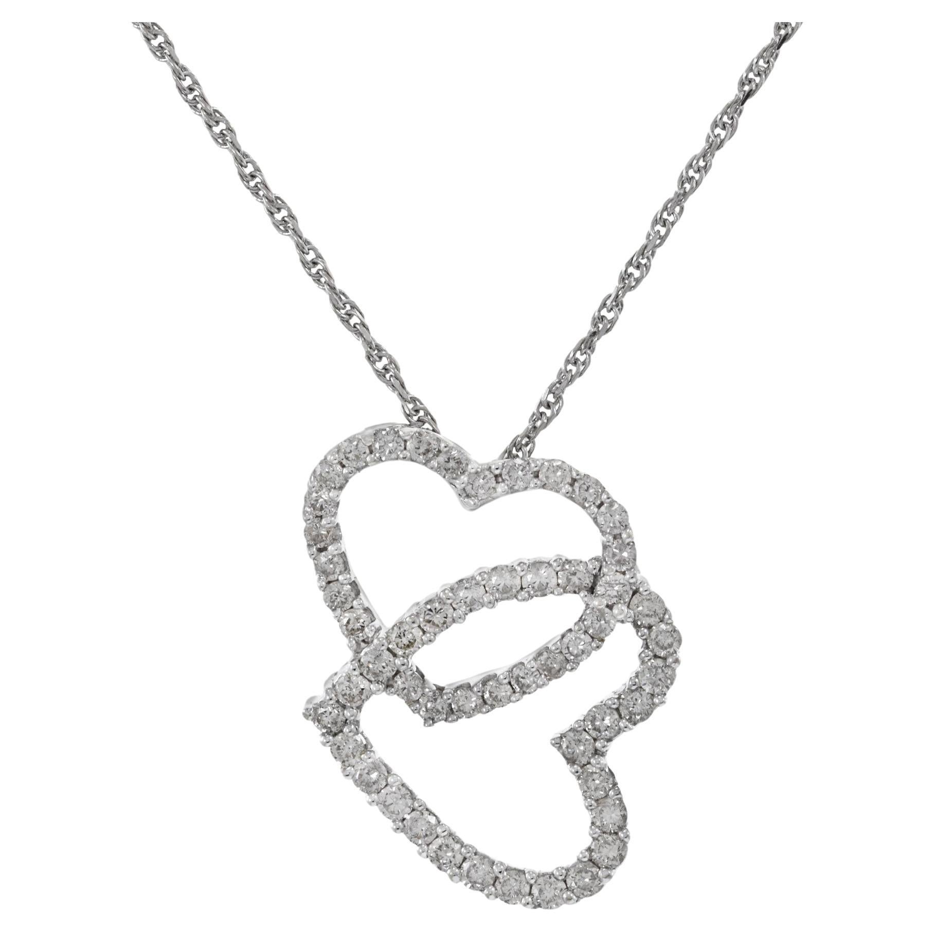 14KT White Gold Double Open Heart Diamond Pendant