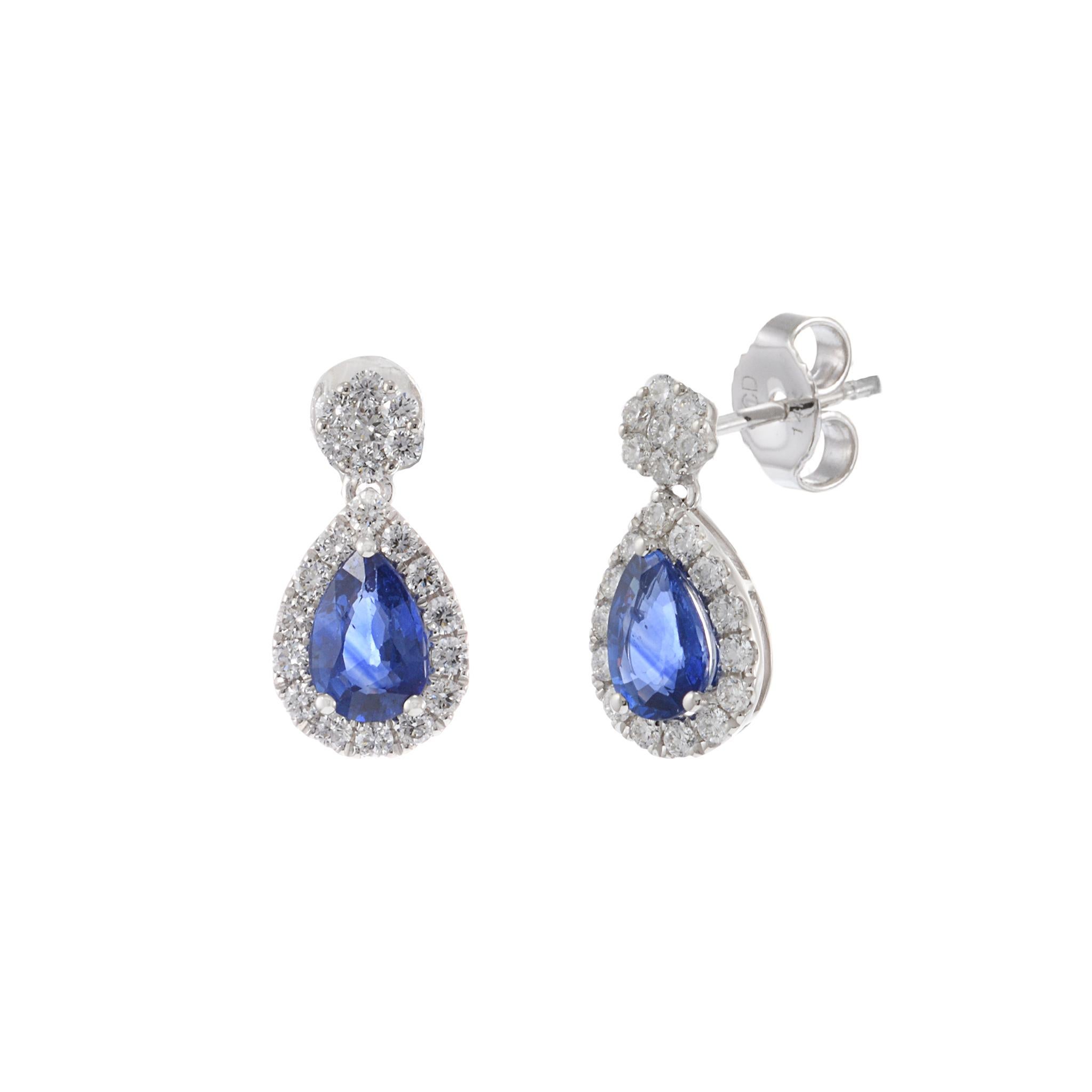 Women's or Men's 14KT White Gold Drop Earrings with Round Cut Diamonds and Pear Cut Sapphires For Sale