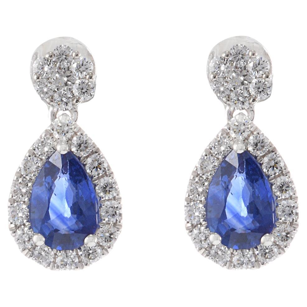14KT White Gold Drop Earrings with Round Cut Diamonds and Pear Cut Sapphires