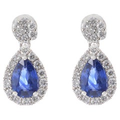 14KT White Gold Drop Earrings with Round Cut Diamonds and Pear Cut Sapphires