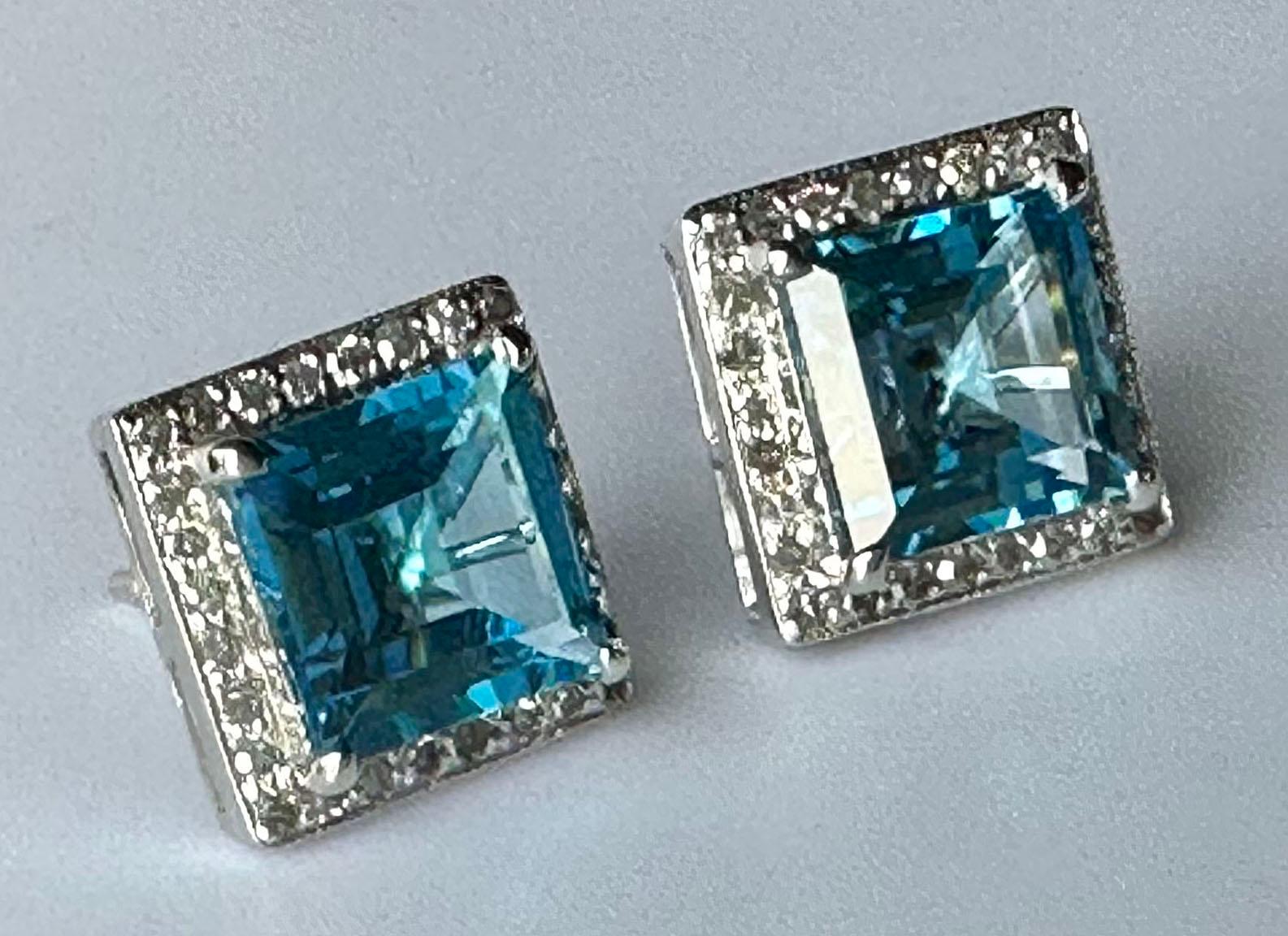 14kt White Gold Earrings set with Blue Topaz & White Sapphires For Sale 5