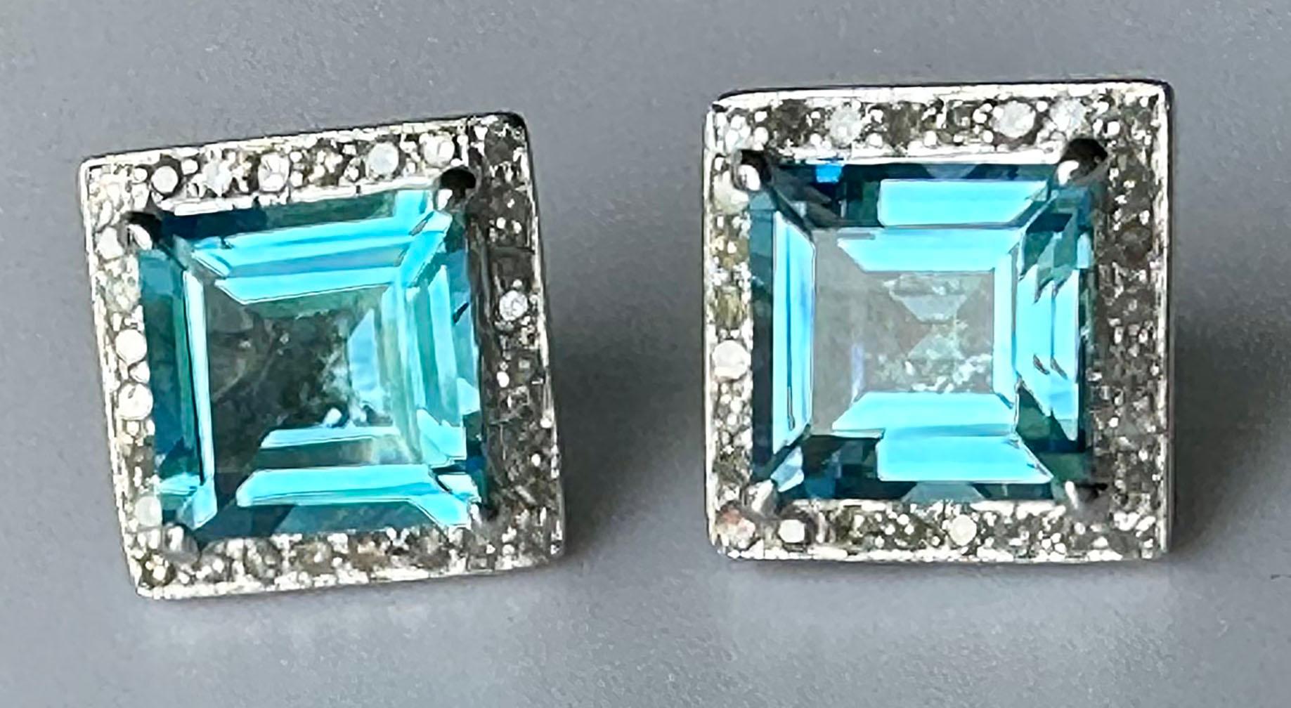 14kt White Gold Earrings set with Blue Topaz & White Sapphires For Sale 6