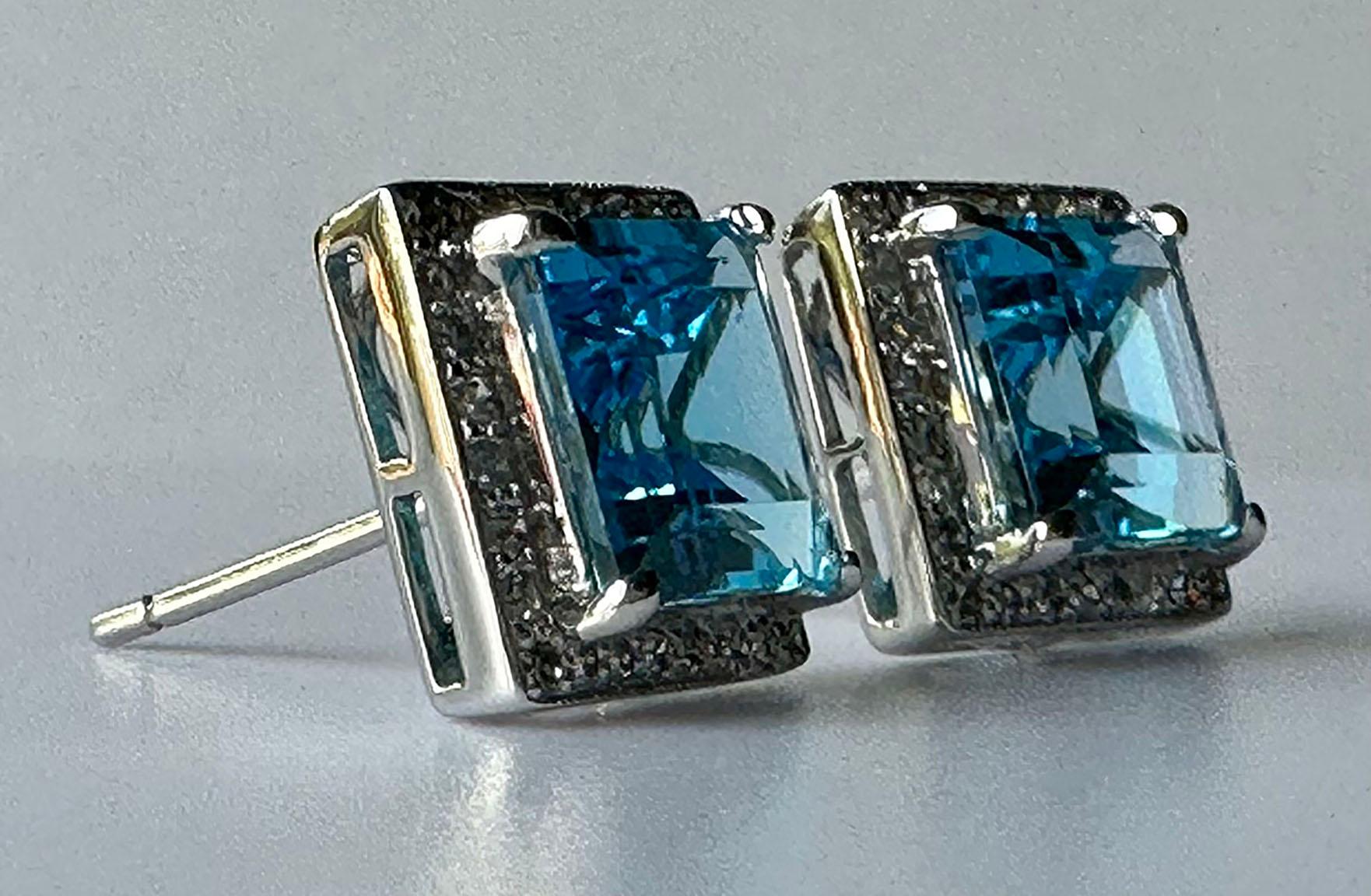 14kt White Gold Earrings set with Blue Topaz & White Sapphires For Sale 7