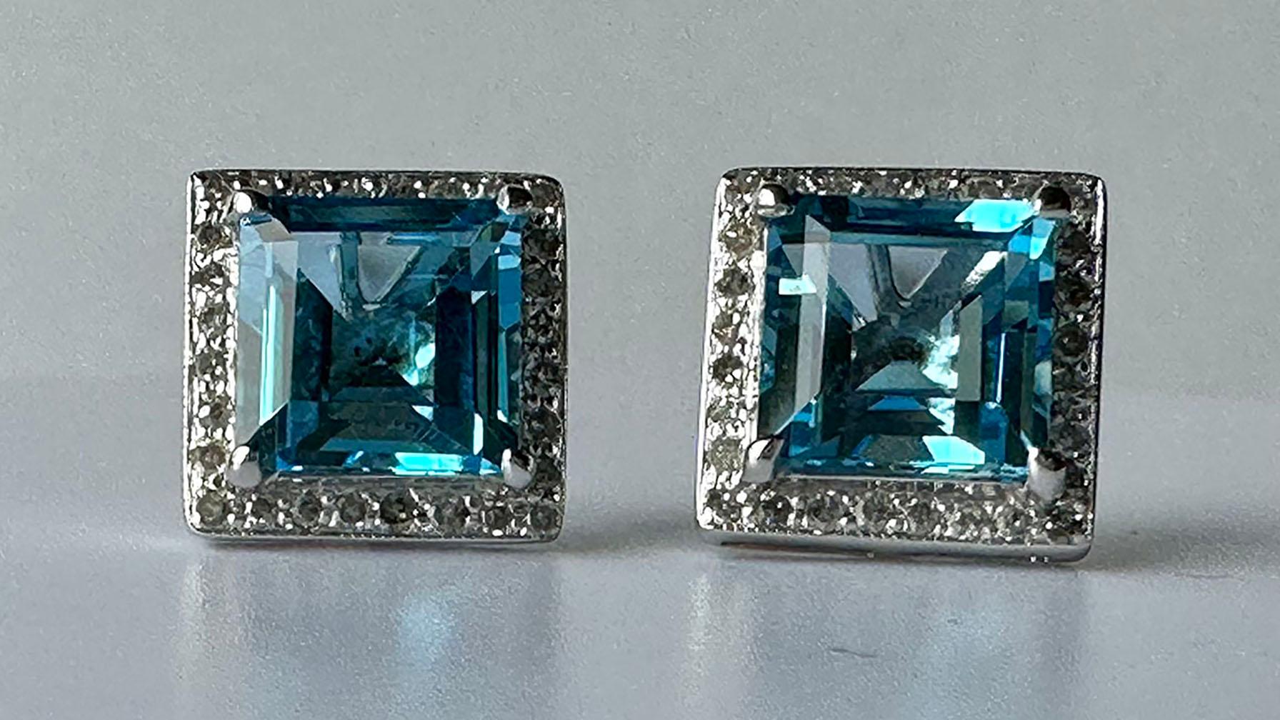 14kt White Gold Earrings set with Blue Topaz & White Sapphires For Sale 8