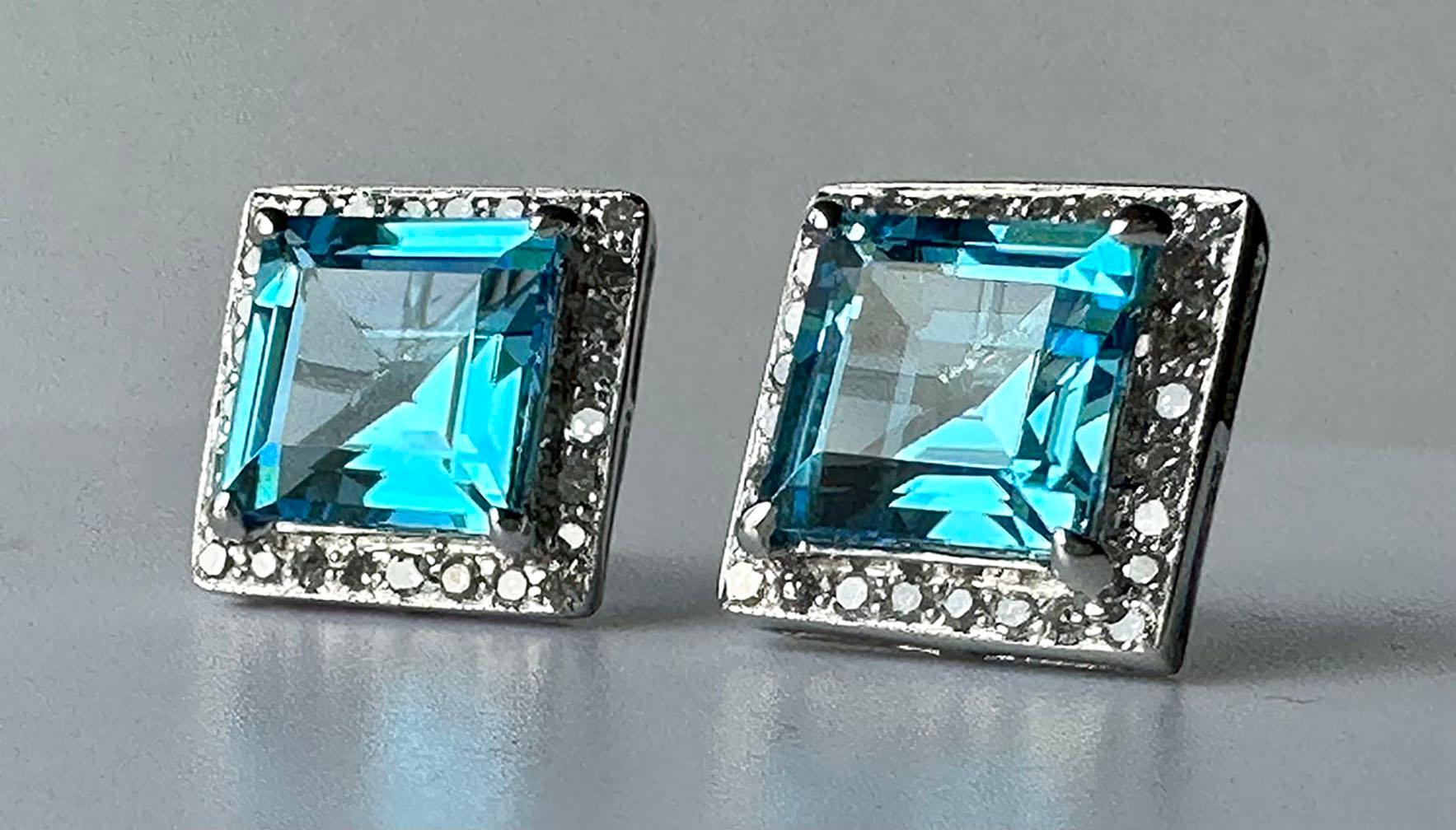 14kt White Gold Earrings set with Blue Topaz & White Sapphires For Sale 9