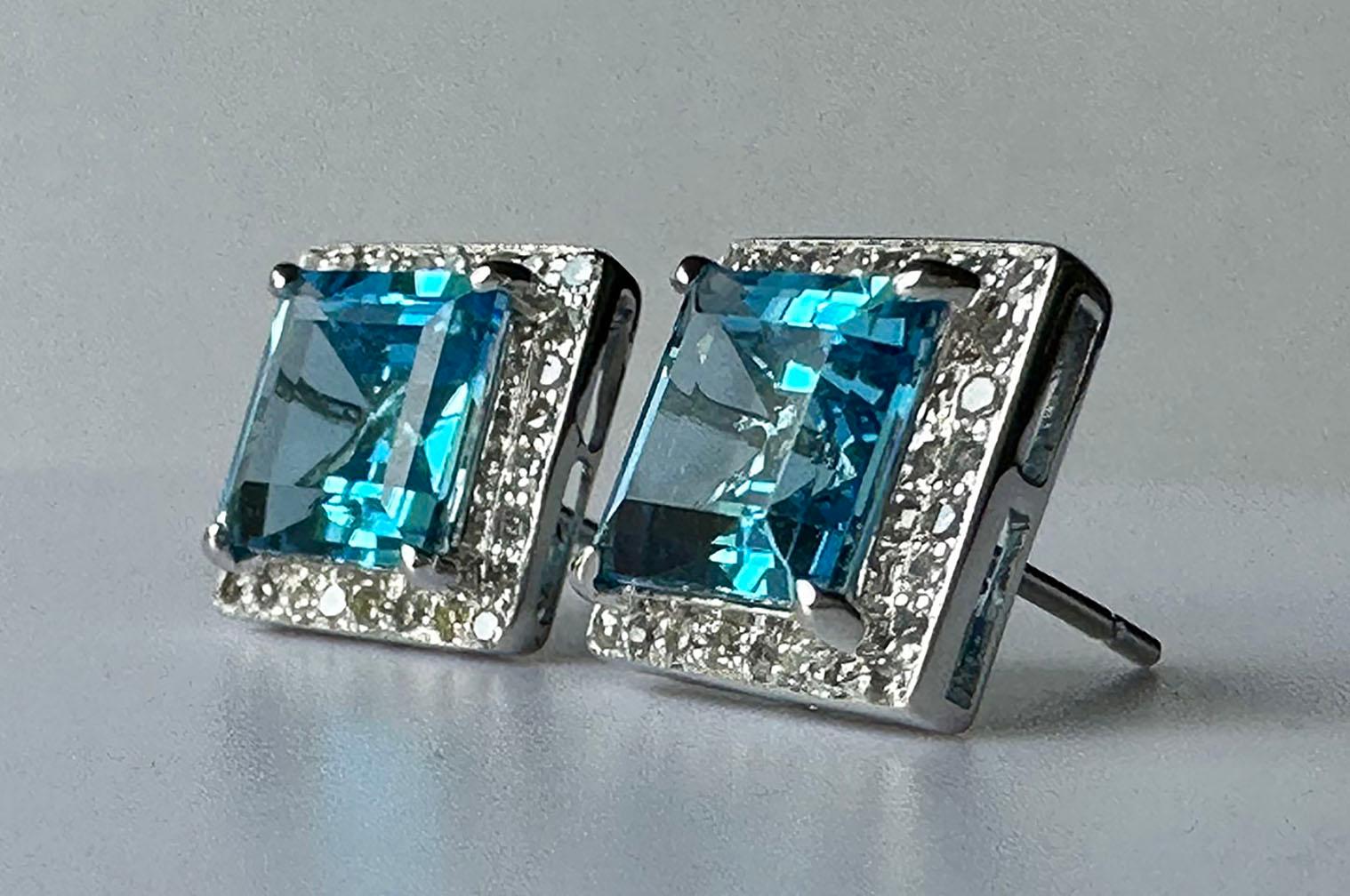 14kt White Gold Earrings set with Blue Topaz & White Sapphires For Sale 10
