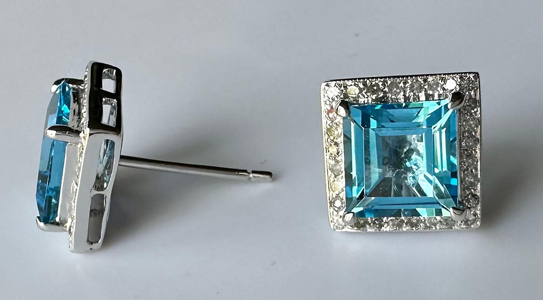 Square Cut 14kt White Gold Earrings set with Blue Topaz & White Sapphires For Sale