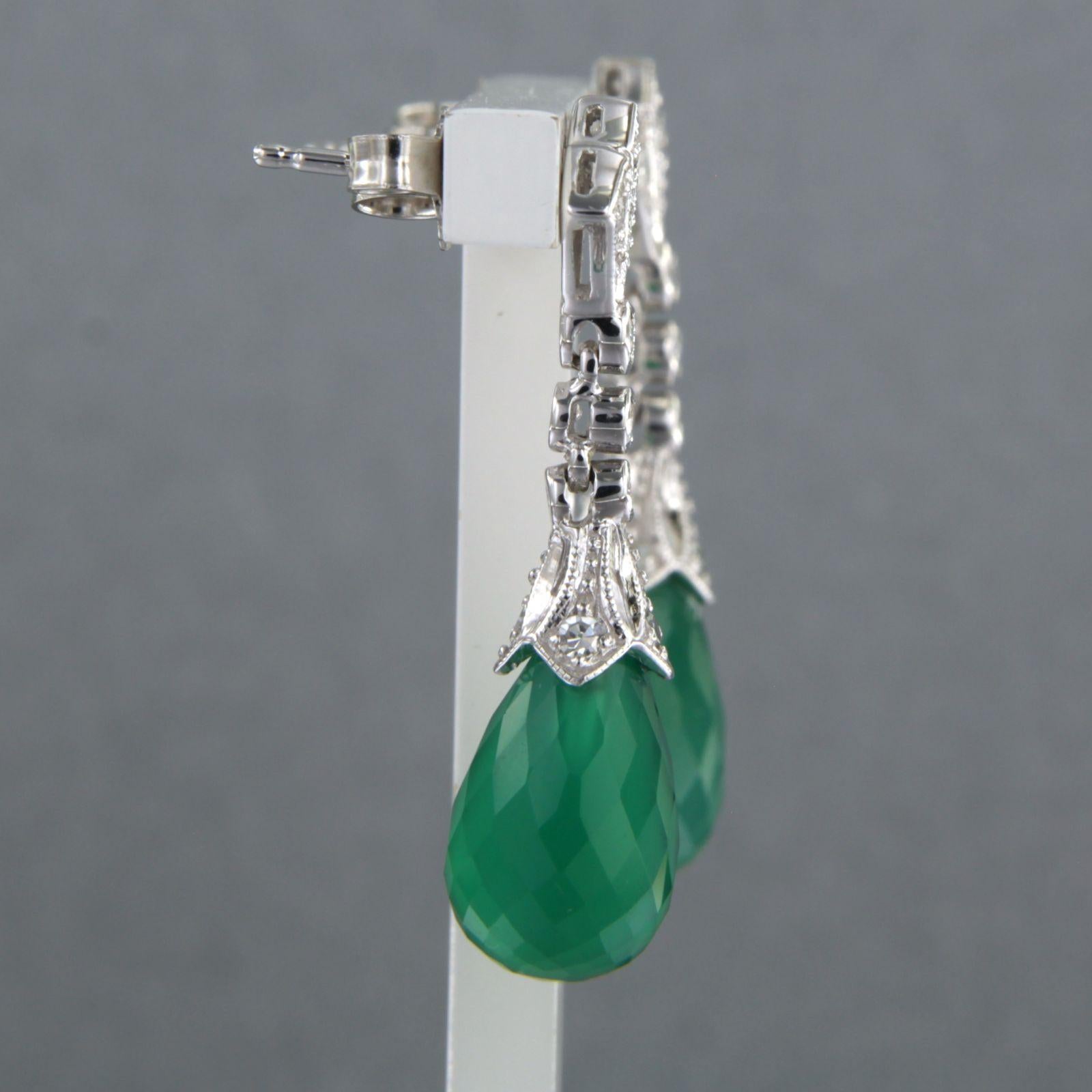 Modern 14kt white gold earrings set with green onyx and single cut diamond total 0.34ct For Sale