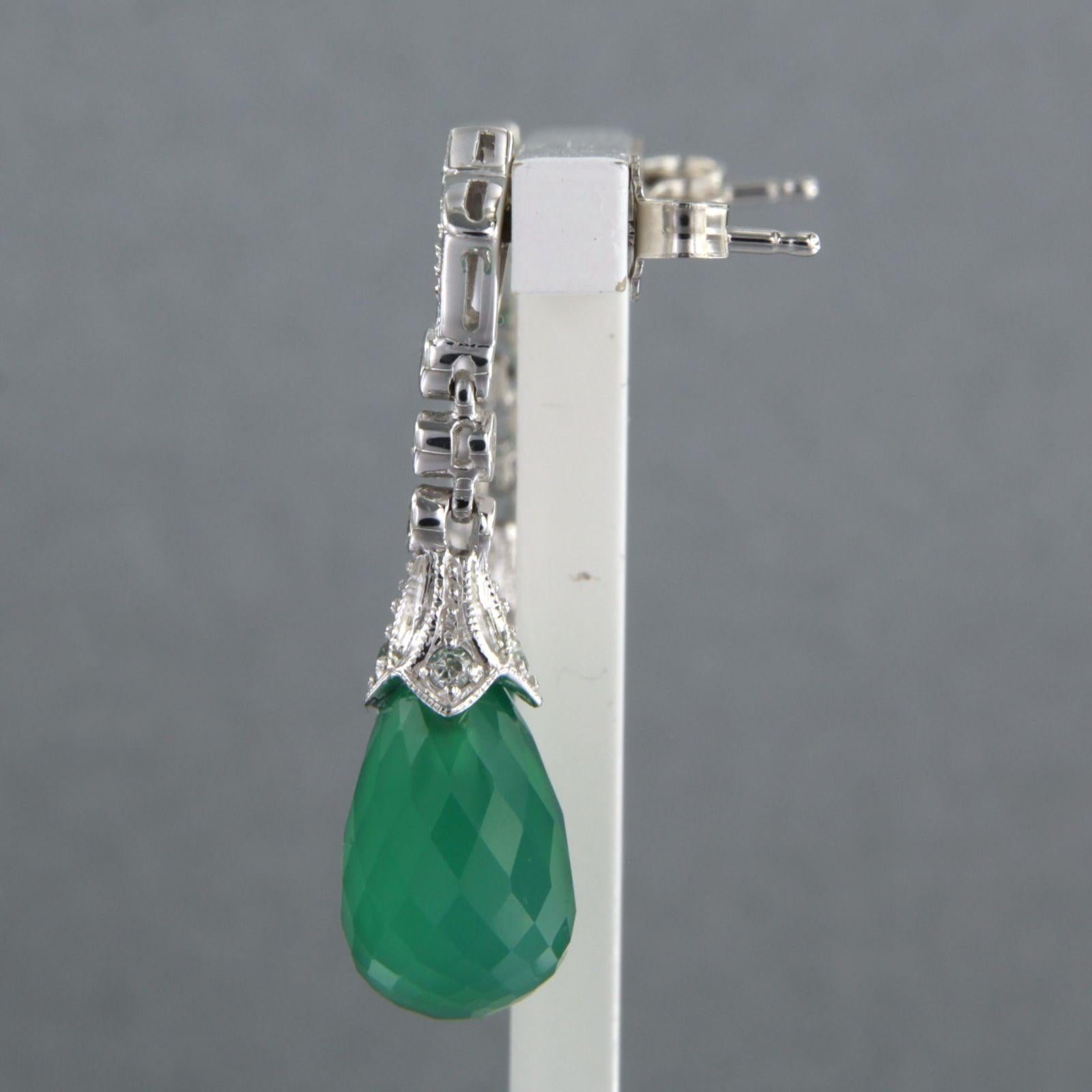 Single Cut 14kt white gold earrings set with green onyx and single cut diamond total 0.34ct For Sale