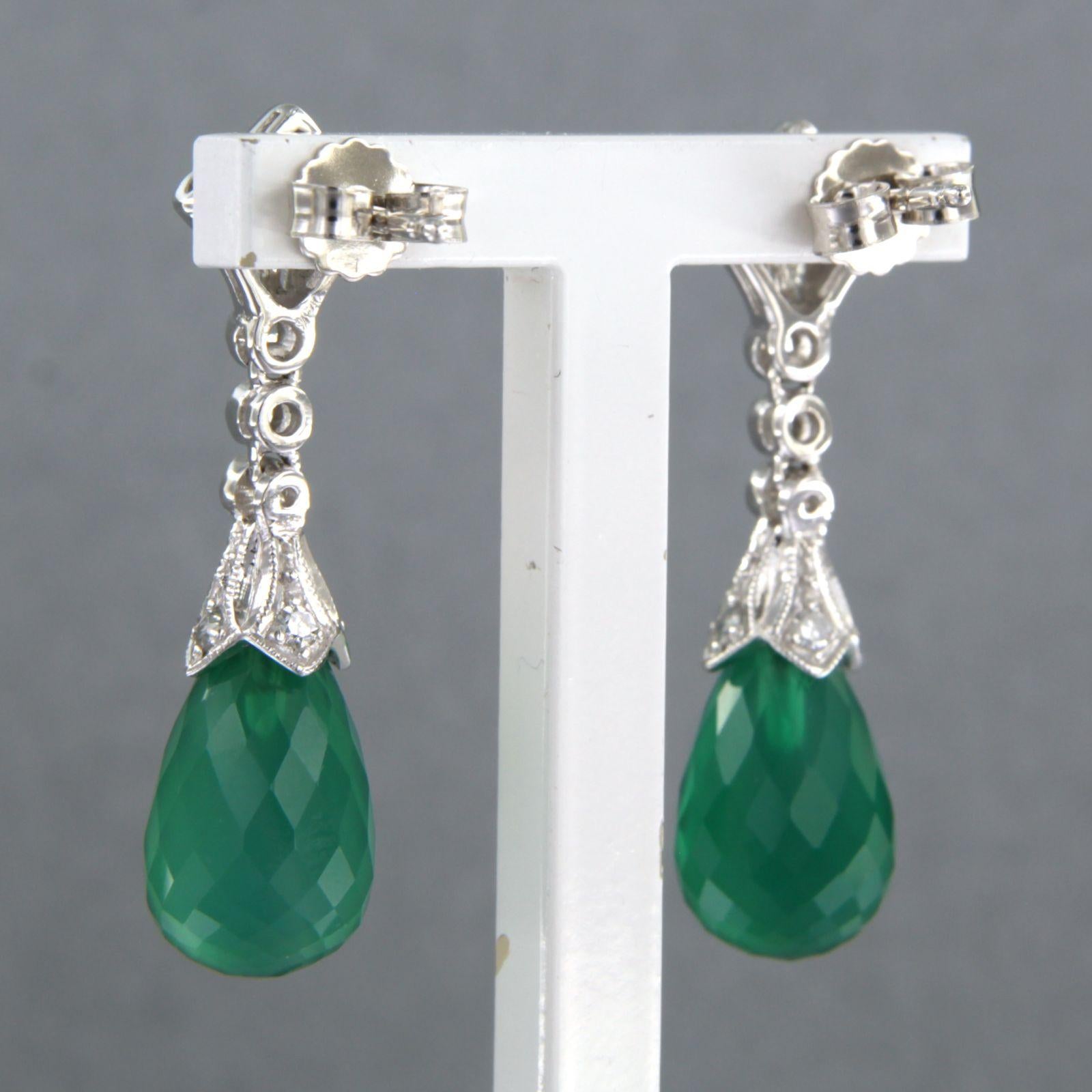 14kt white gold earrings set with green onyx and single cut diamond total 0.34ct In New Condition For Sale In The Hague, ZH
