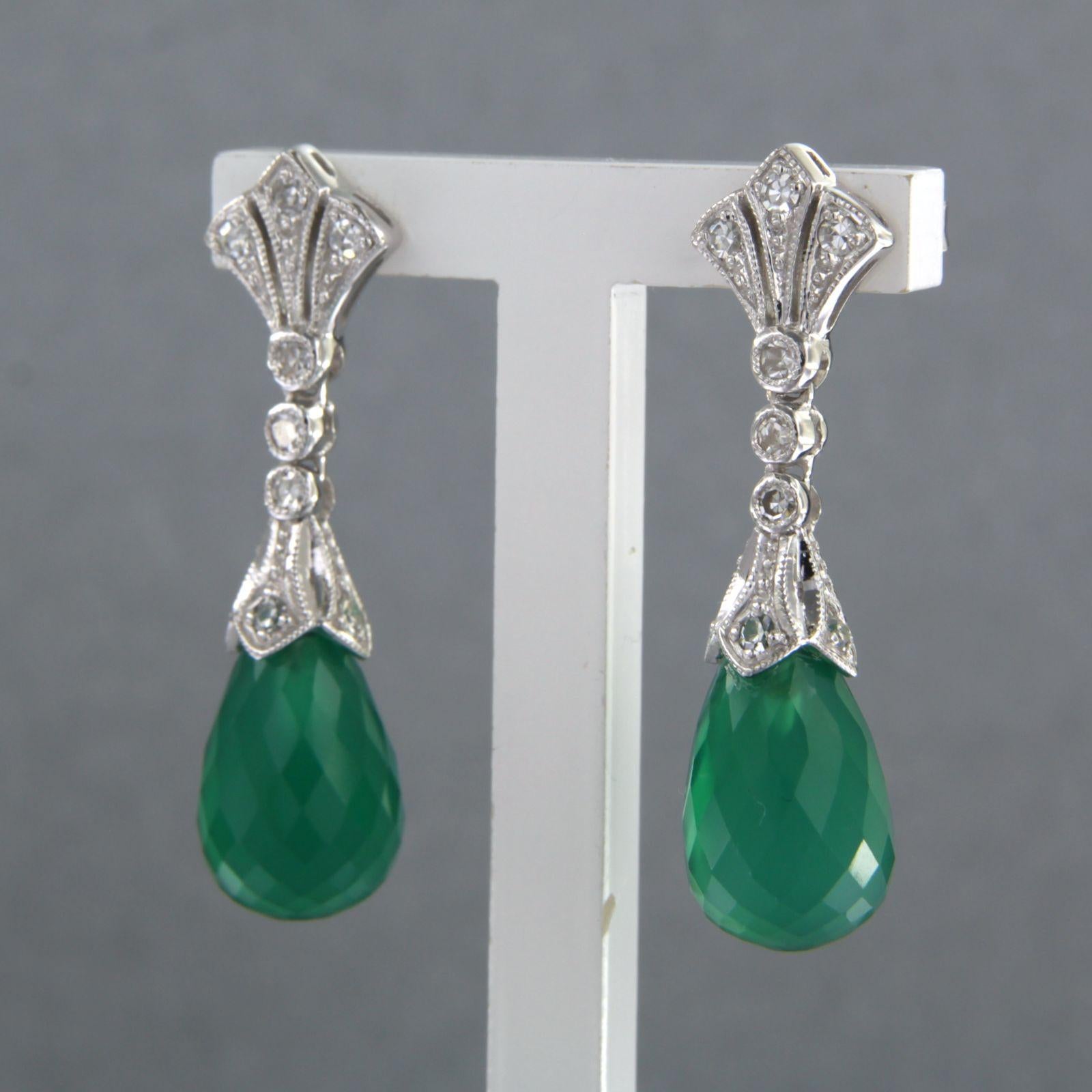 Women's 14kt white gold earrings set with green onyx and single cut diamond total 0.34ct For Sale