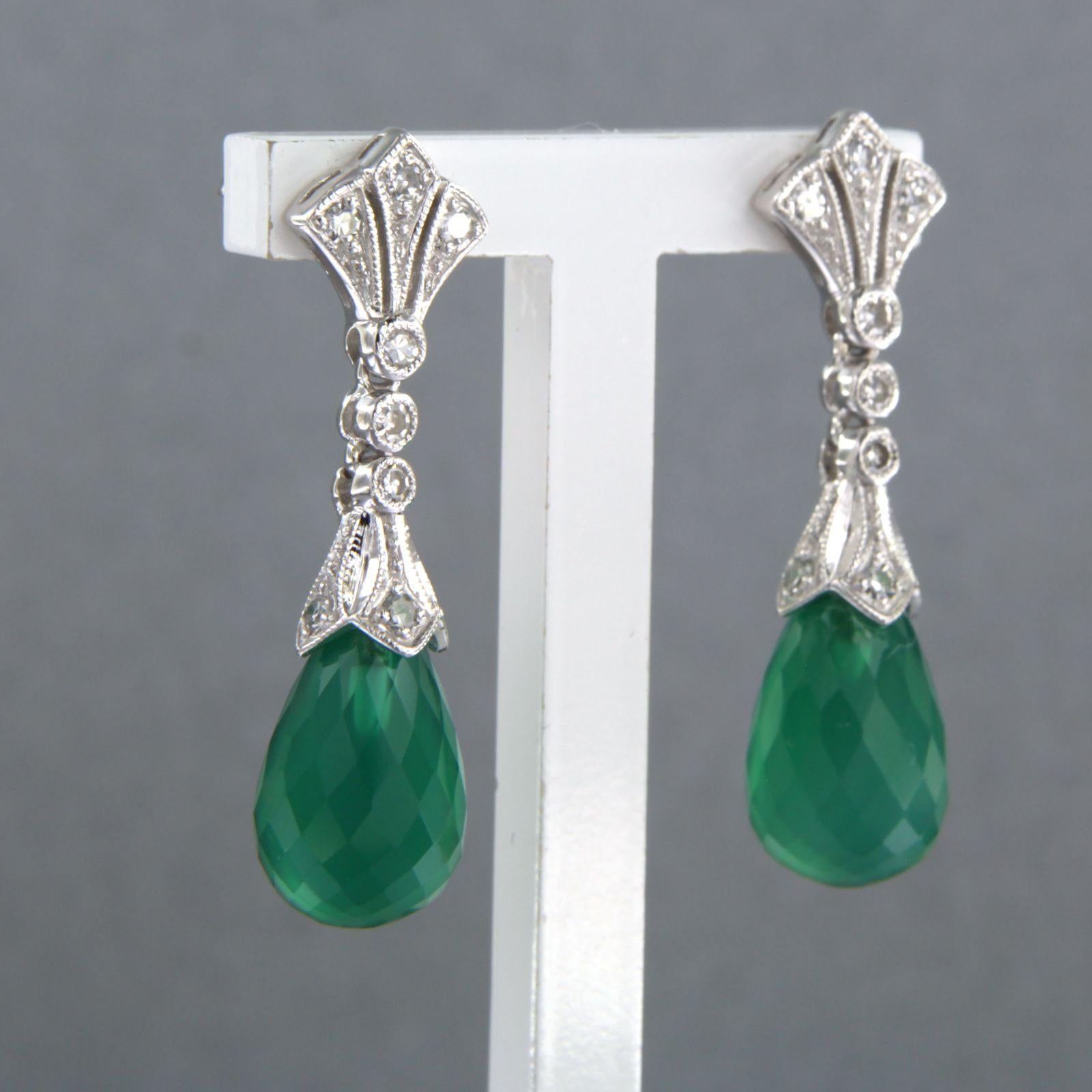 14kt white gold earrings set with green onyx and single cut diamond total 0.34ct For Sale 1