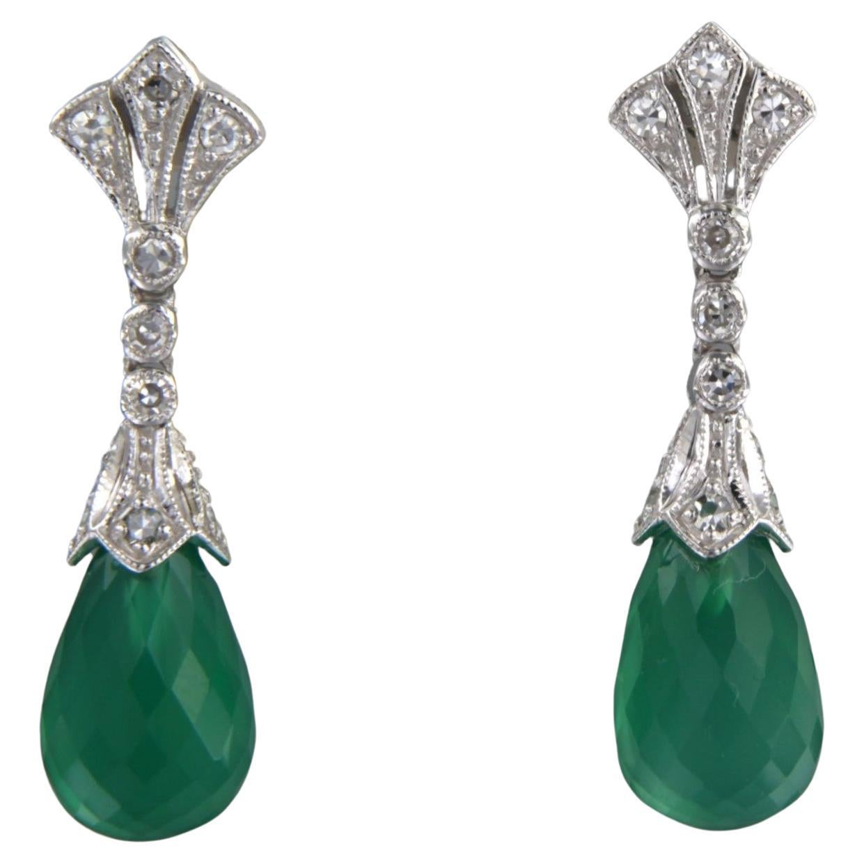 14kt white gold earrings set with green onyx and single cut diamond total 0.34ct For Sale