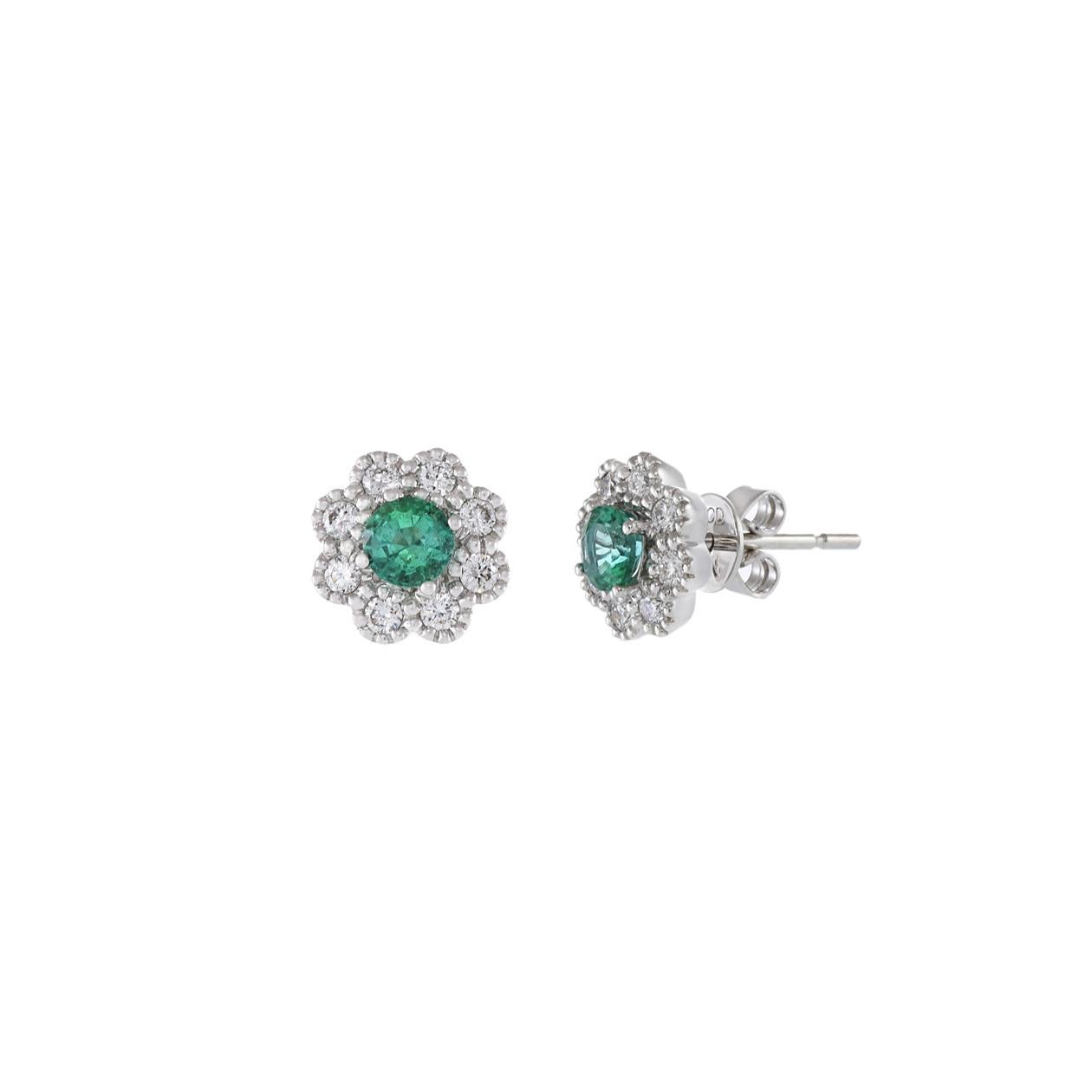 Round Cut 14KT White Gold Emerald And Diamond Flower Earrings