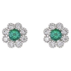 14KT White Gold Emerald And Diamond Flower Earrings