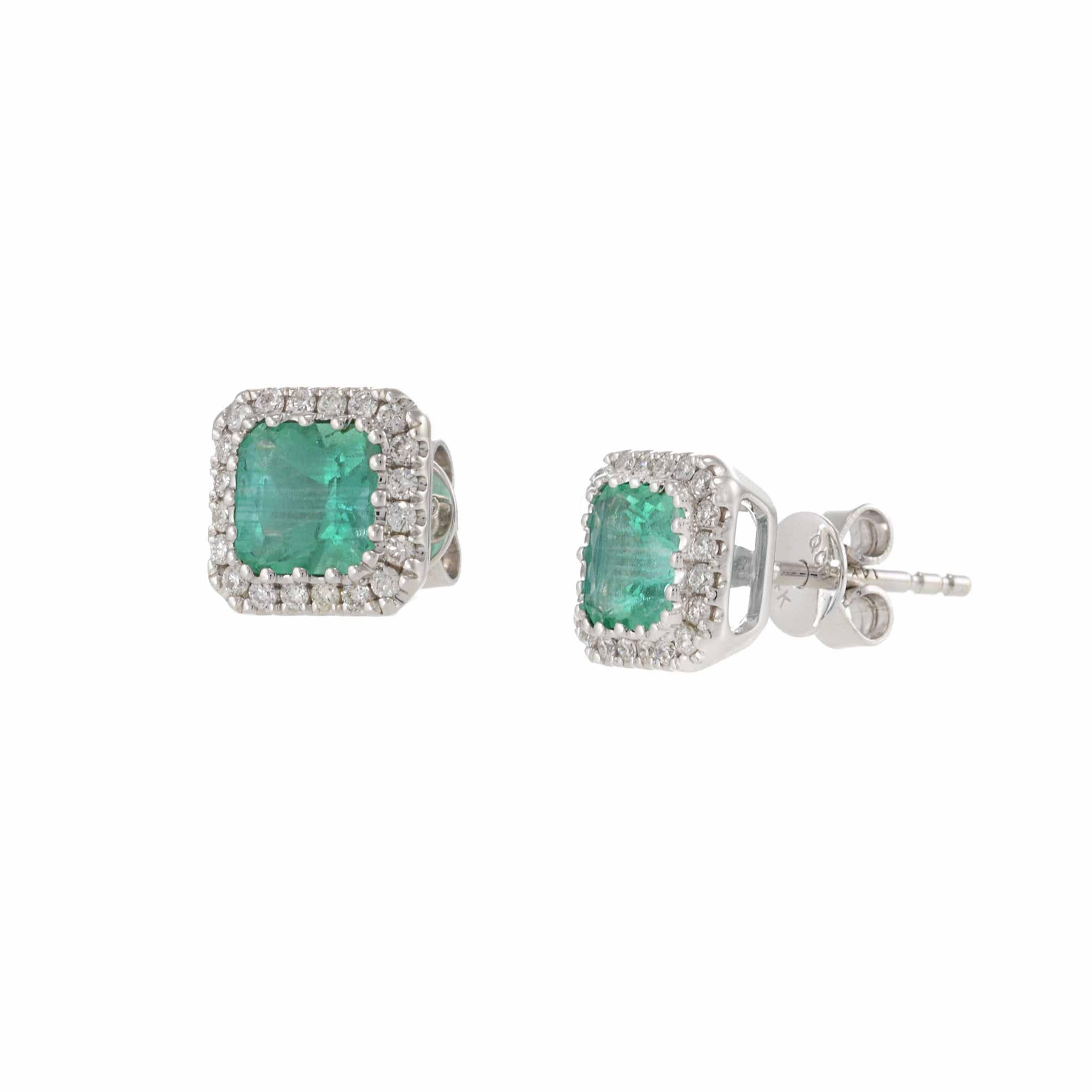 Taglio smeraldo Orecchini a cerchio in oro bianco 14KT con smeraldo e diamante in vendita