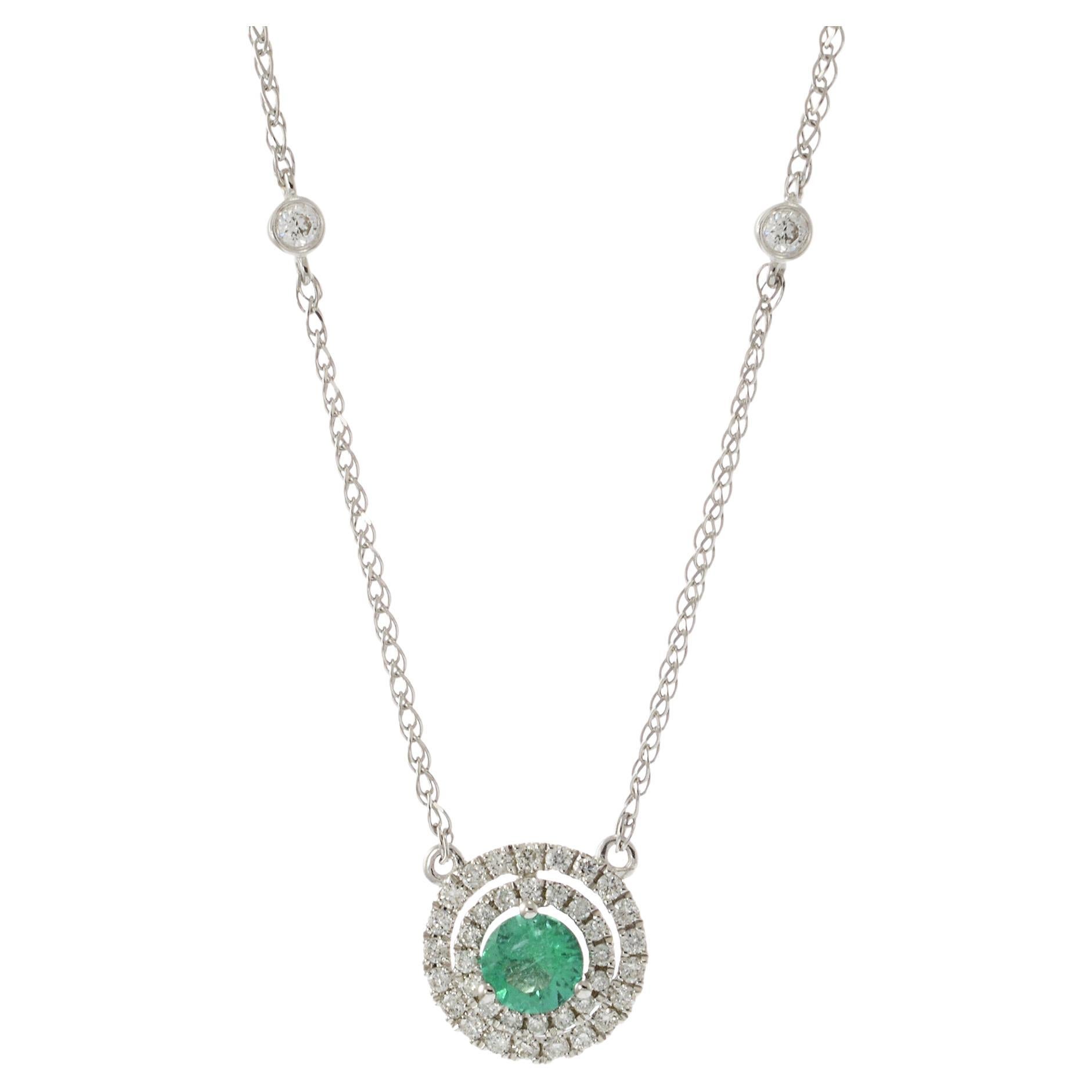 14KT White Gold Emerald and Diamond Halo Necklace