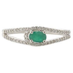 14KT White Gold Emerald and Diamond Split-Shank Ring