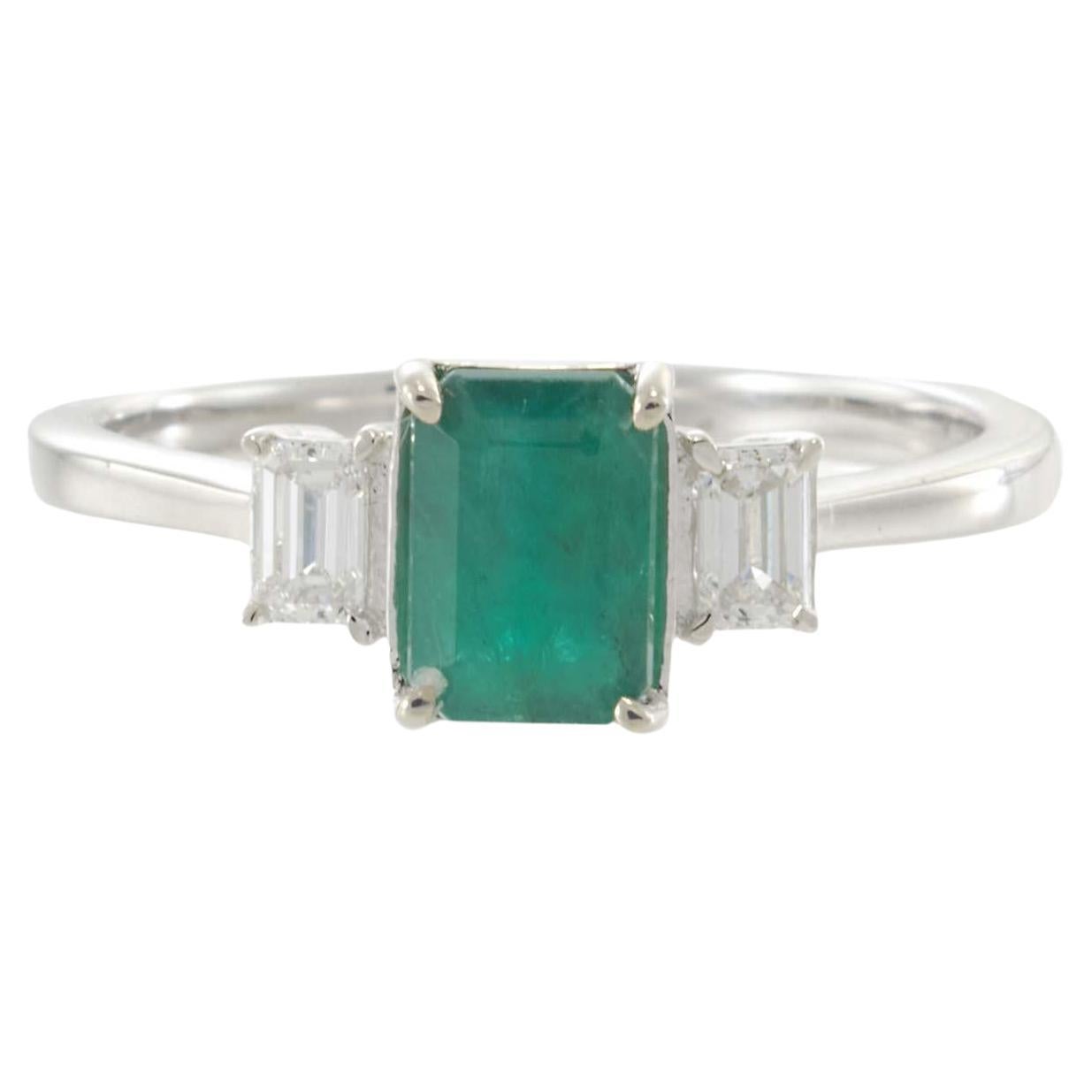 14KT White Gold Emerald and Diamond Three-Stone Ring