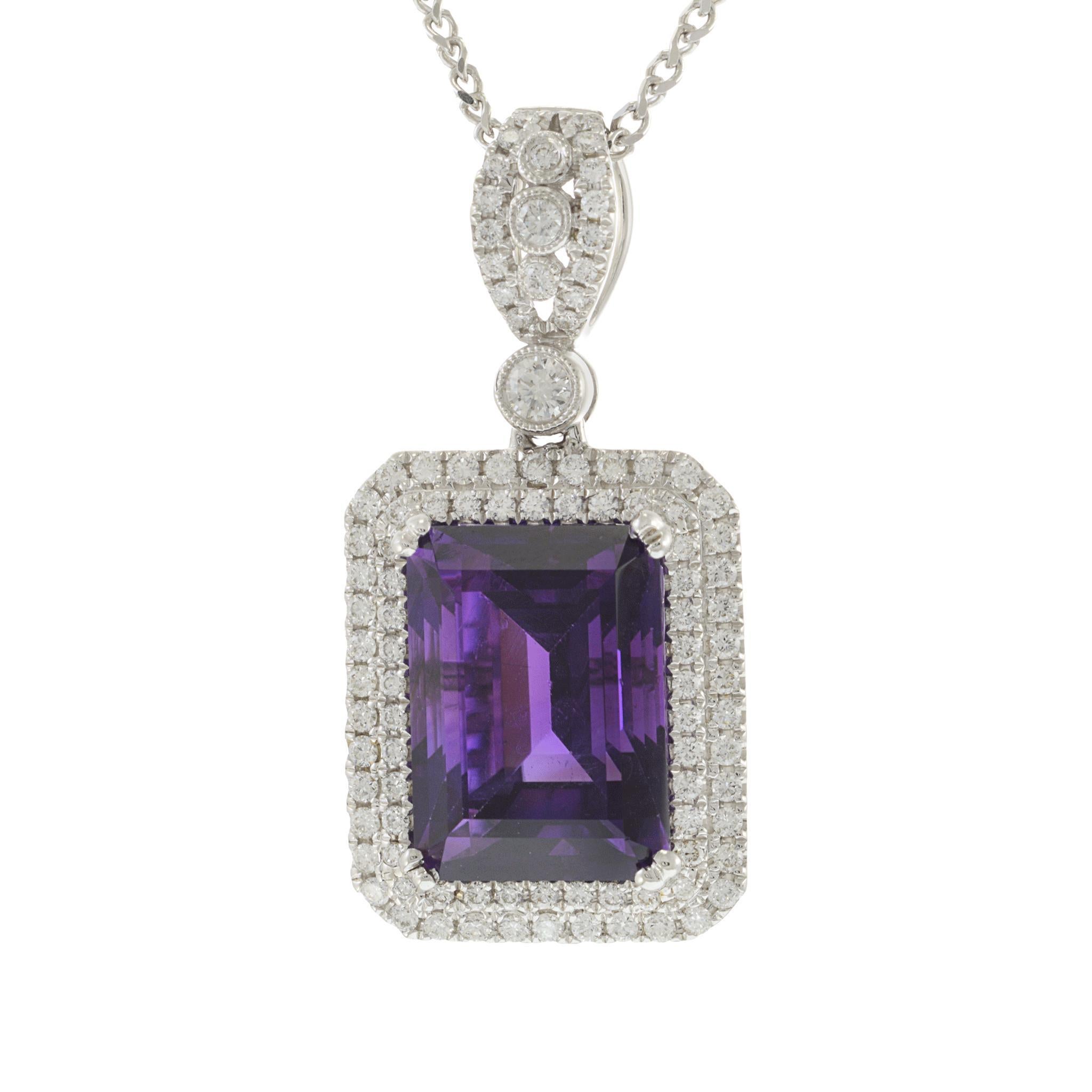 14KT Weißgold Smaragd-Schliff Amethyst & Diamant-Anhänger Halskette (Smaragdschliff) im Angebot