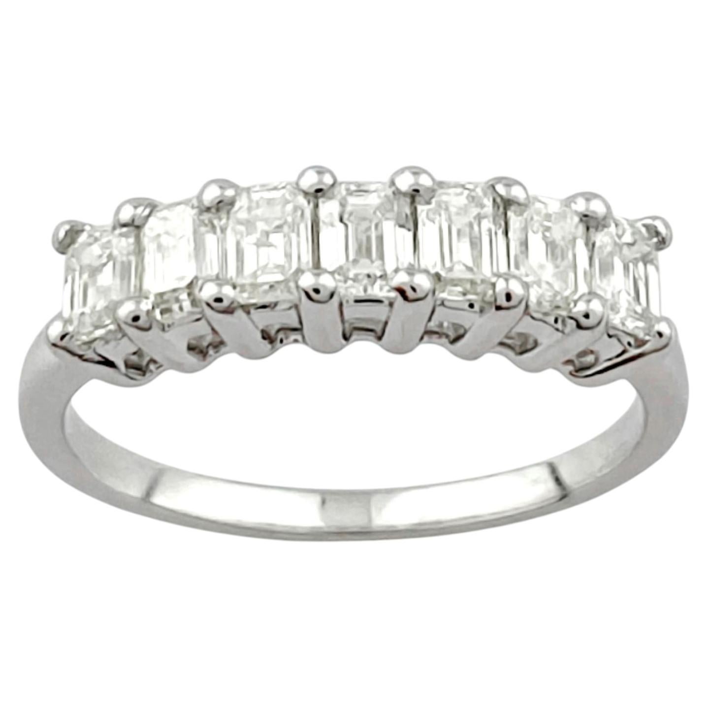 14KT White Gold Emerald-Cut Diamond Ring Seven-Stone Band