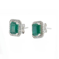 14KT White Gold Emerald Cut Emerald and Diamond Halo Stud Earrings