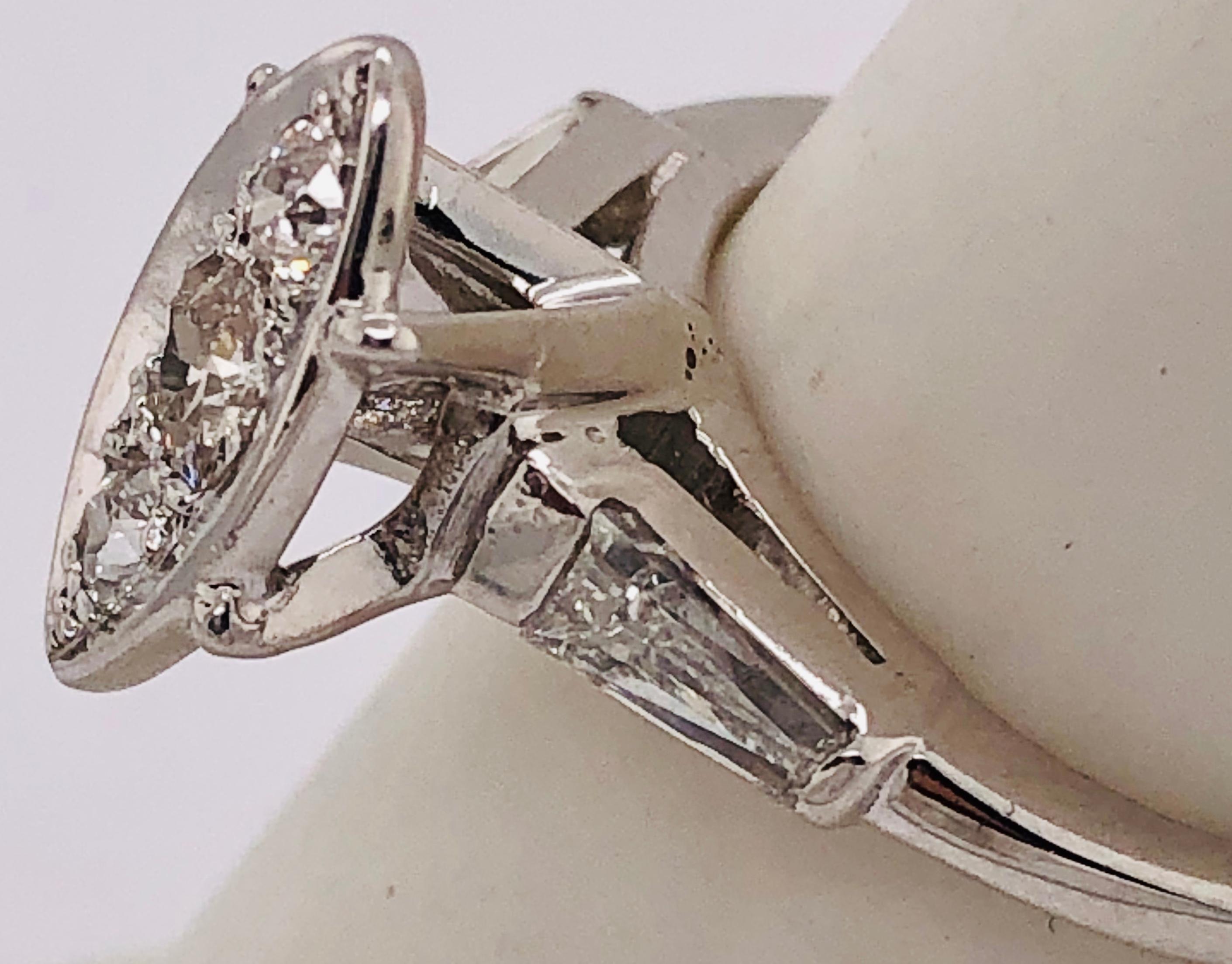 Women's or Men's 14 Karat White Gold Engagement Ring with Round and Baguette Cut Diamonds For Sale