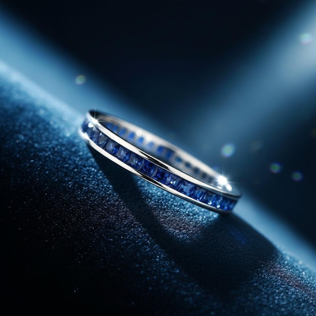 Bague d'éternité en or blanc 14 carats avec saphirs en vente 1