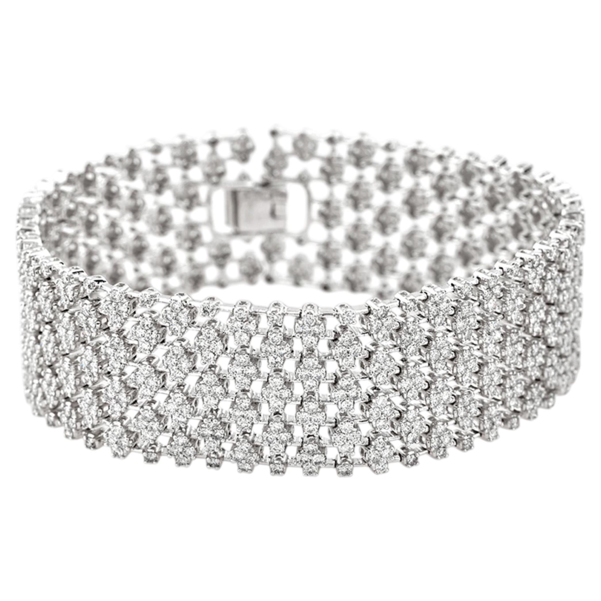 14KT White Gold Exquisite Floral Link Diamond 8.42 Cts Wide Cuff Bracelet