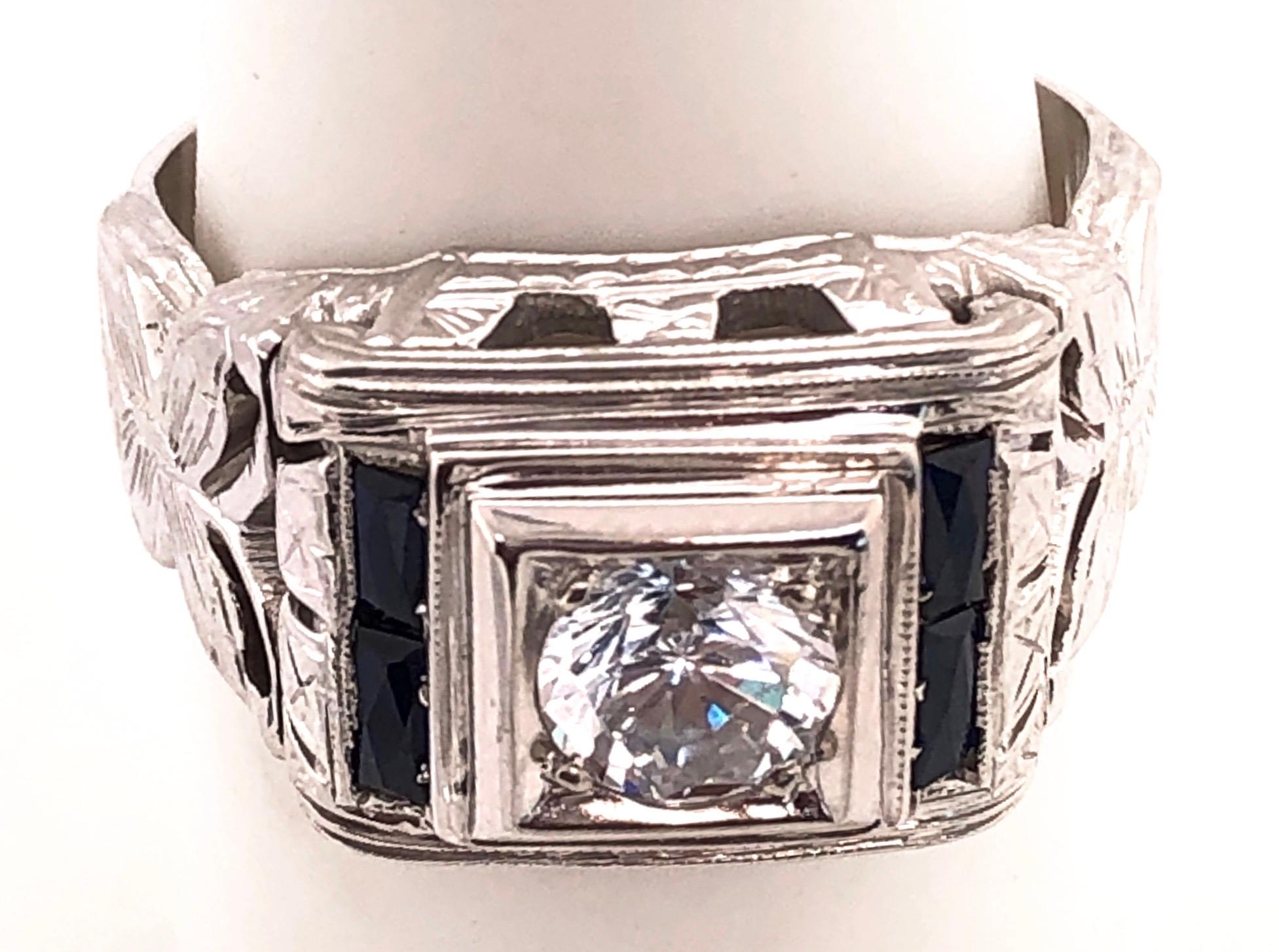 14 Karat White Gold Fashion Ring with Round Diamond and Sapphires In Good Condition For Sale In Stamford, CT