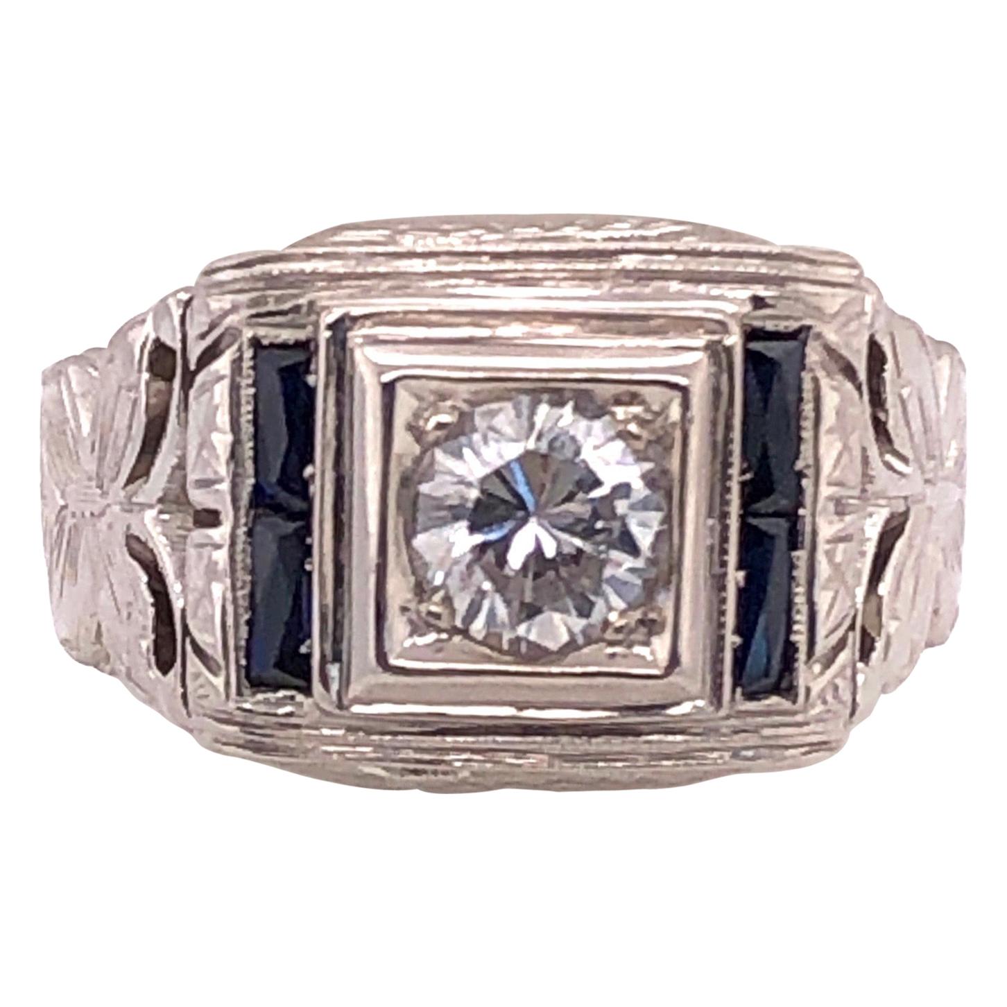 14 Karat White Gold Fashion Ring with Round Diamond and Sapphires