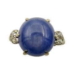14kt White Gold Fine 12.28ct Cabochon Round Blue Star Sapphire and Diamond Ring