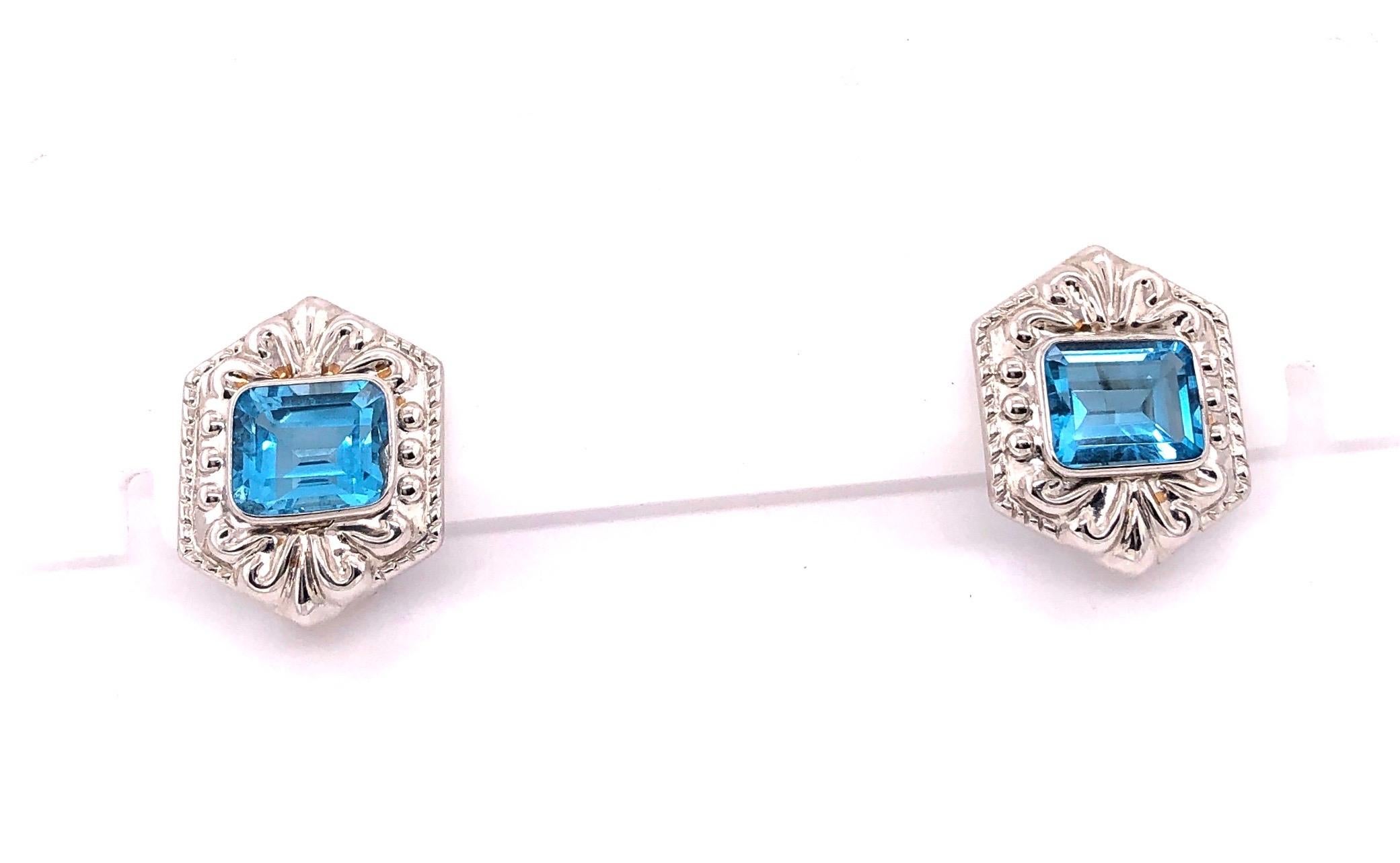 14 Karat White Gold French Back Huggie Earrings with Blue Topaz For Sale 3