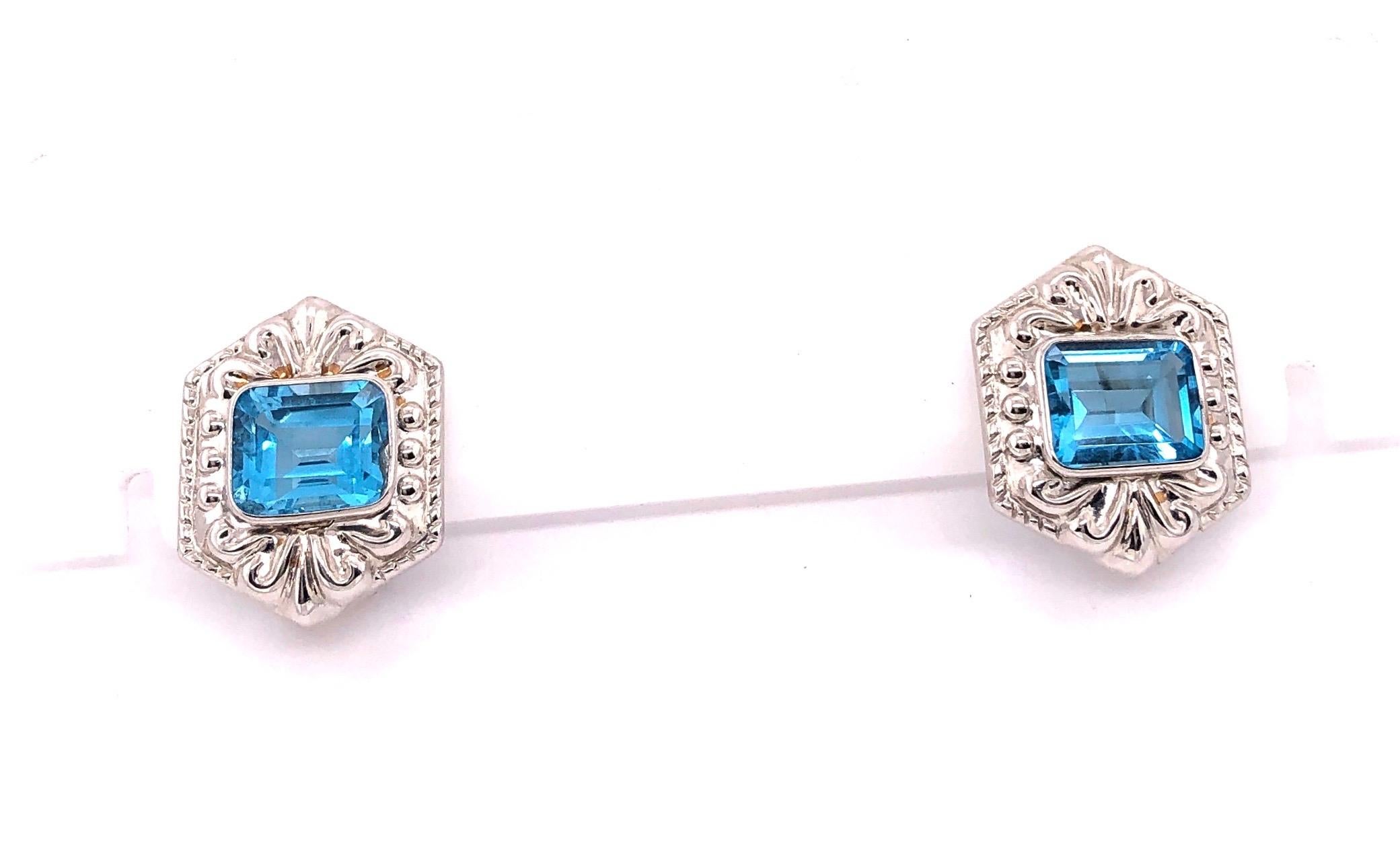 Pendientes Abrazador con Reverso Francés de Oro Blanco de 14 Kilates y Topacio Azul en venta 2