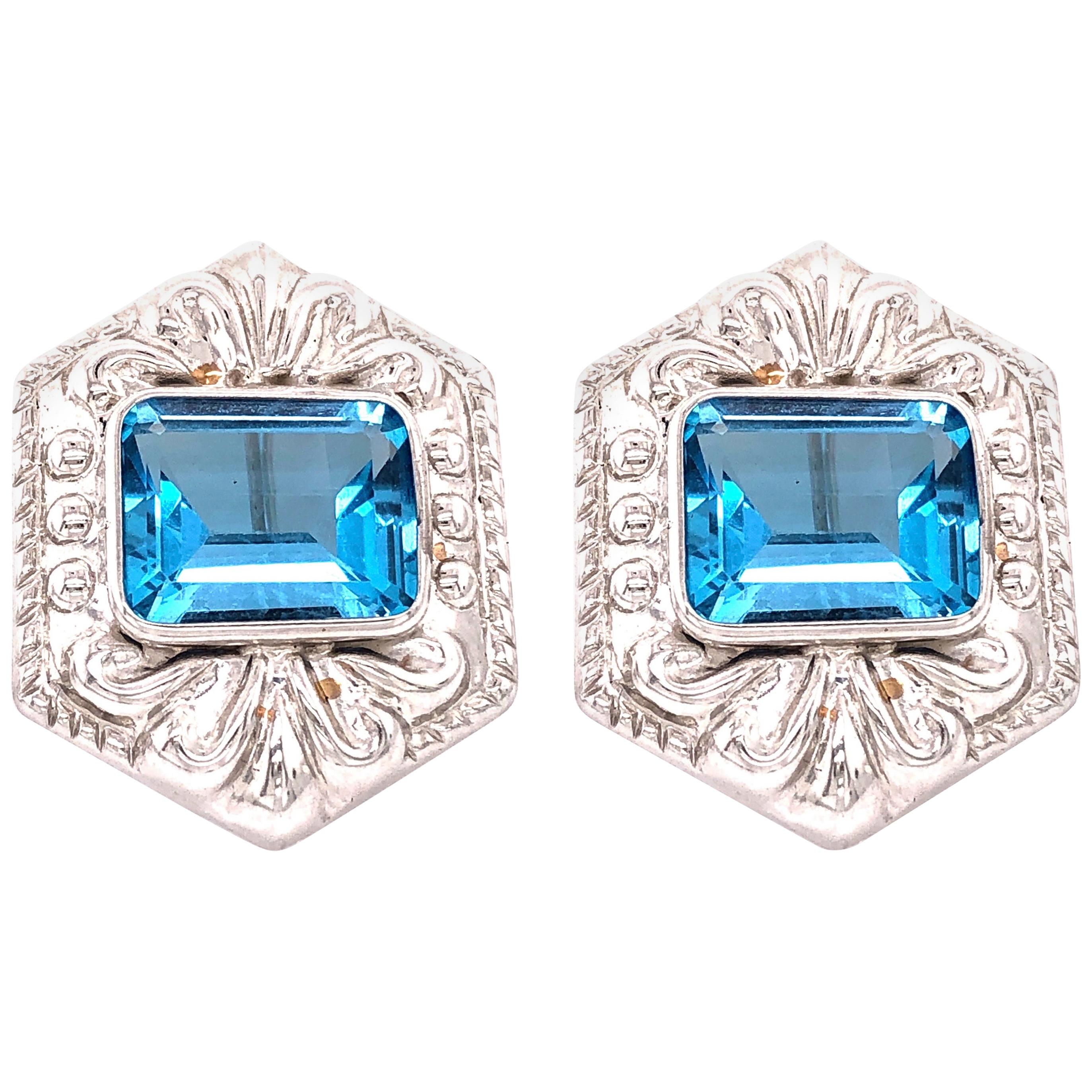 Pendientes Abrazador con Reverso Francés de Oro Blanco de 14 Kilates y Topacio Azul en venta