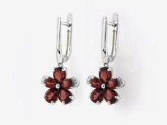 14KT White Gold Garnet and Diamond Flower Drop Earrings