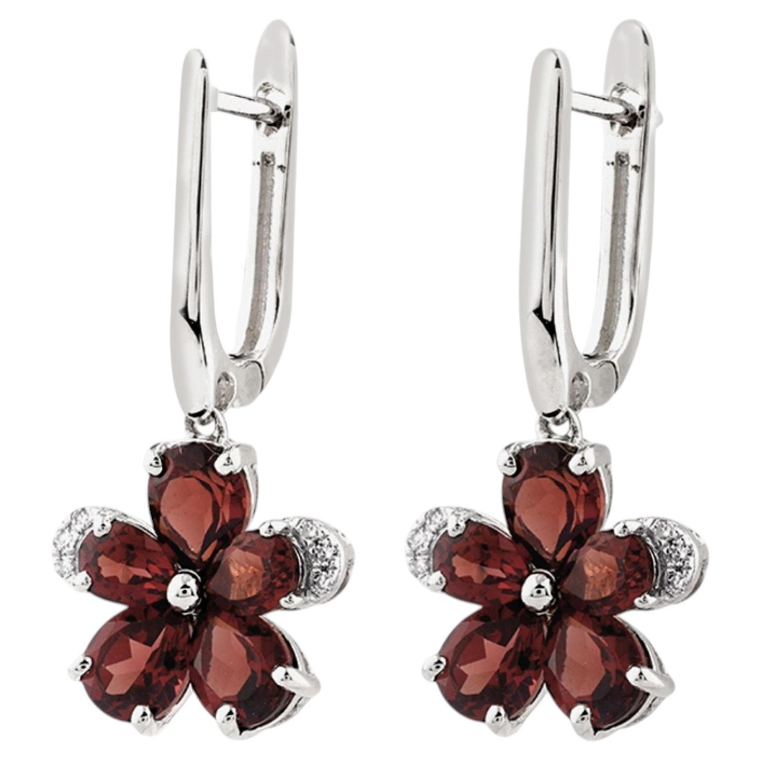 14KT White Gold Garnet and Diamond Flower Drop Earrings