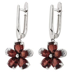 14KT White Gold Garnet and Diamond Flower Drop Earrings