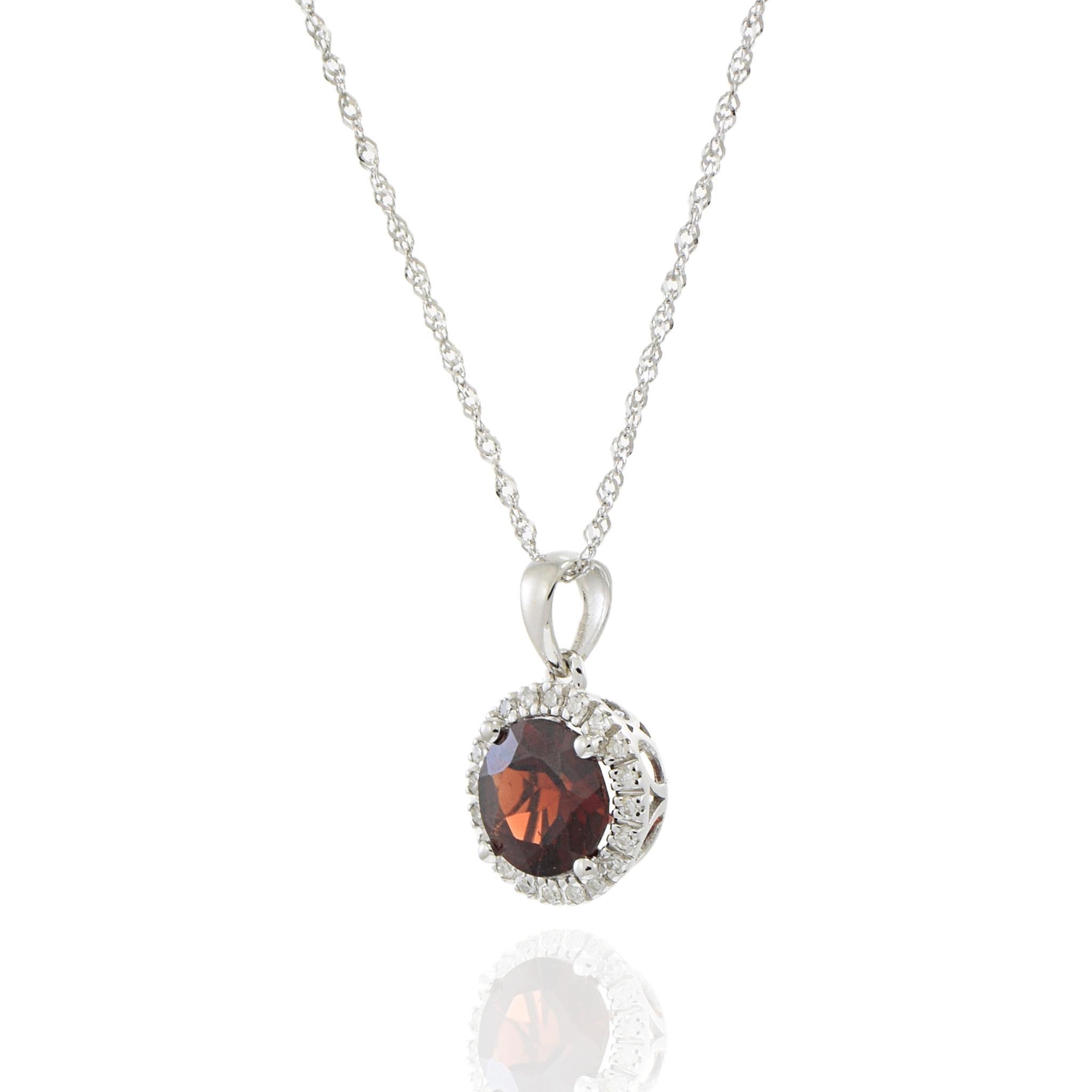 Taglio rotondo Collana con ciondolo a raggiera in oro bianco 14KT con granato e diamanti in vendita