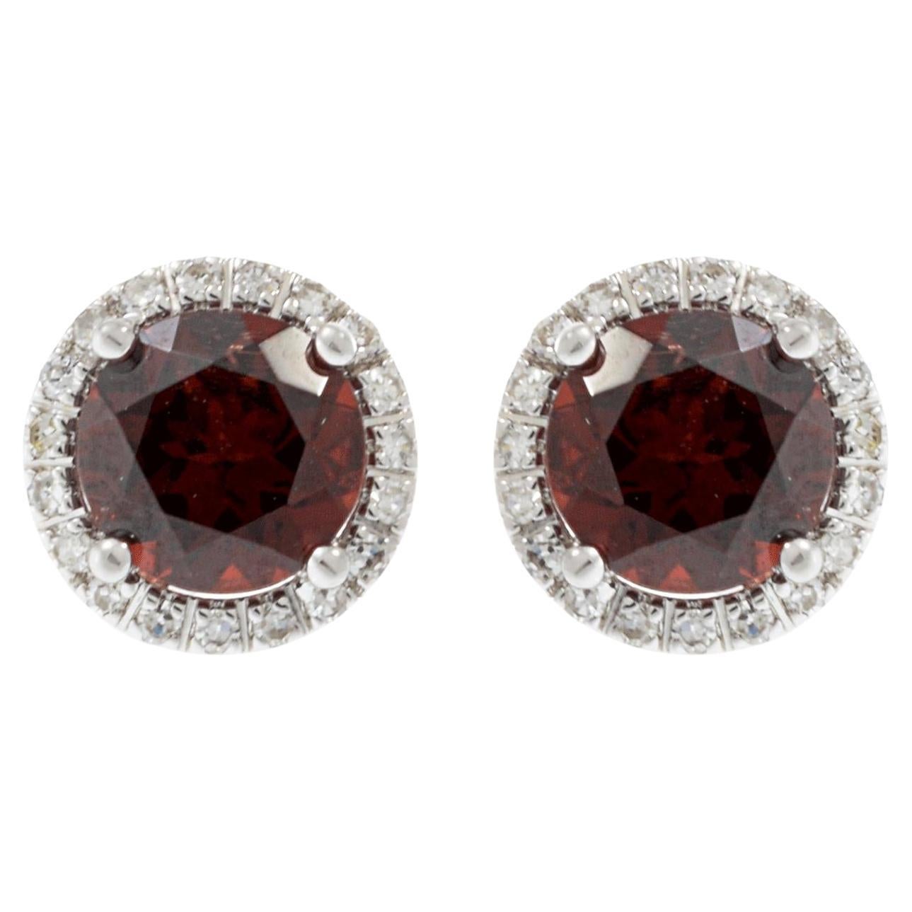Boucles d'oreilles halo en or blanc 14KT grenat et diamant