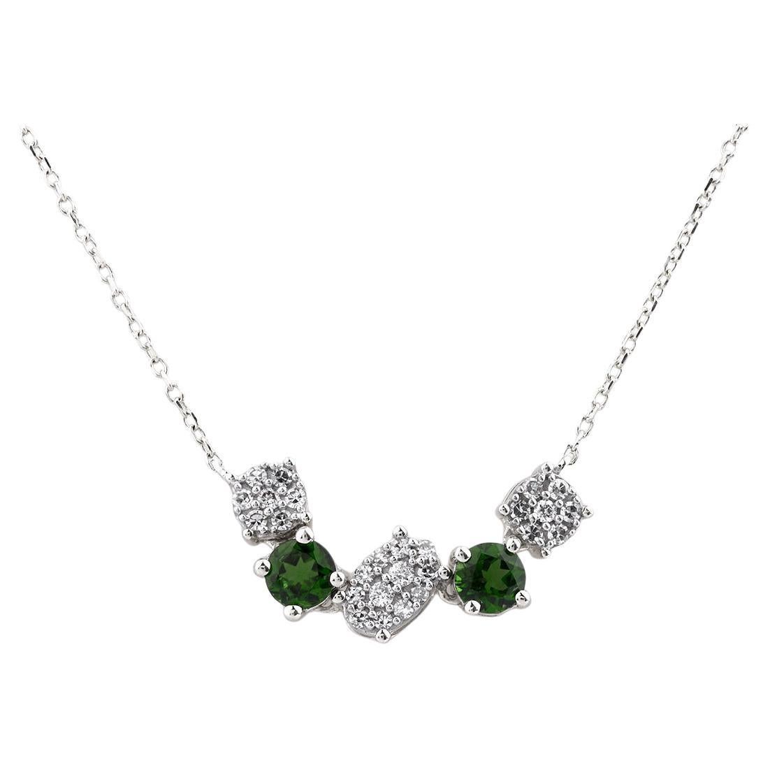 14KT White Gold Green Gemstone and Diamond Curved Bar Necklace