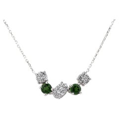 14KT White Gold Green Gemstone and Diamond Curved Bar Necklace