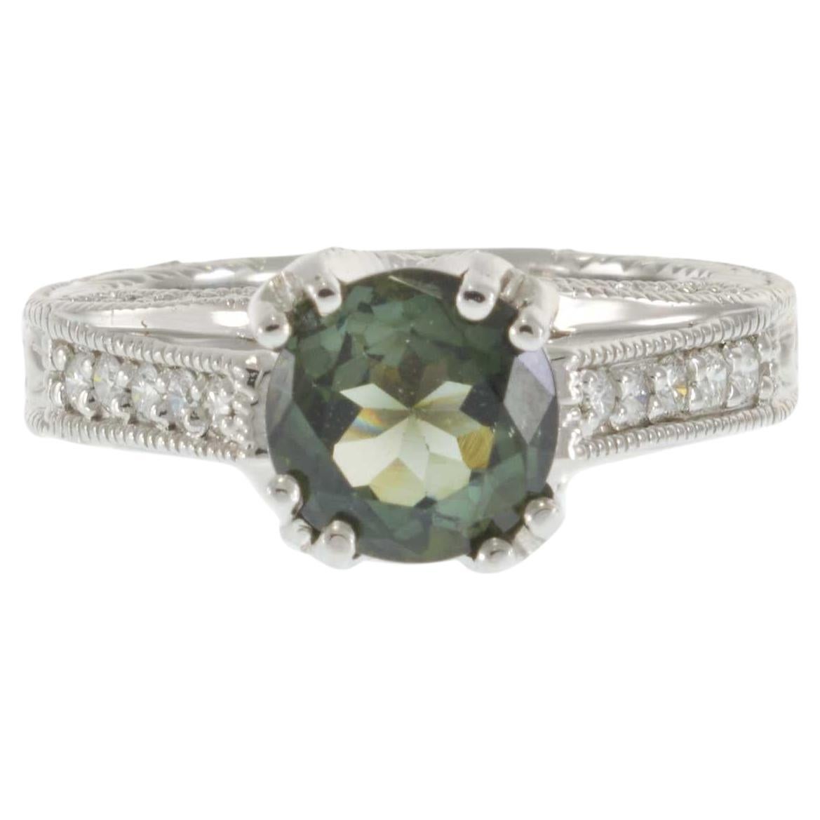 14KT White Gold Green Tourmaline and Diamond Filigree Crossover Ring For Sale