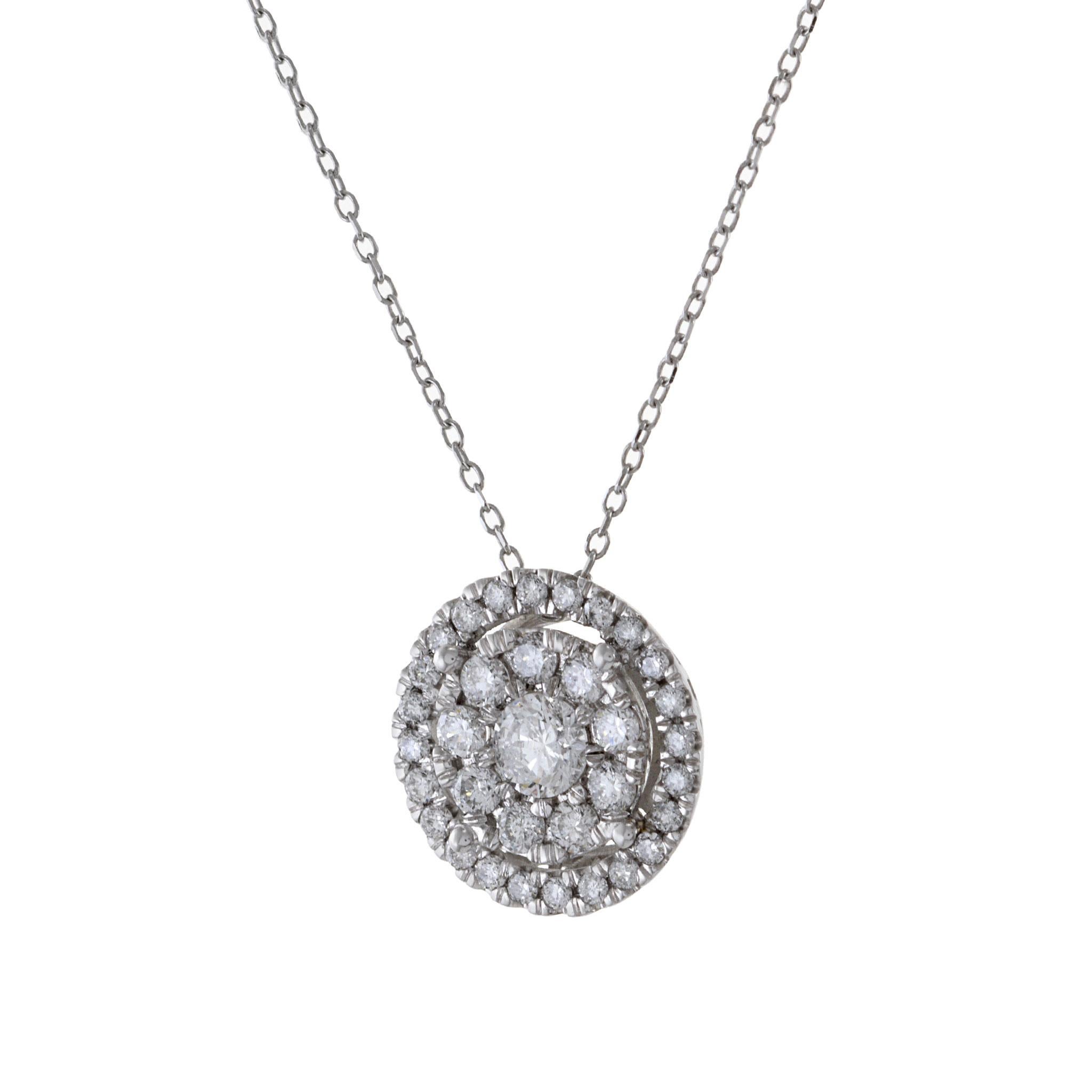 Modern 14KT White Gold Halo Cluster Diamond Pendant Necklace For Sale