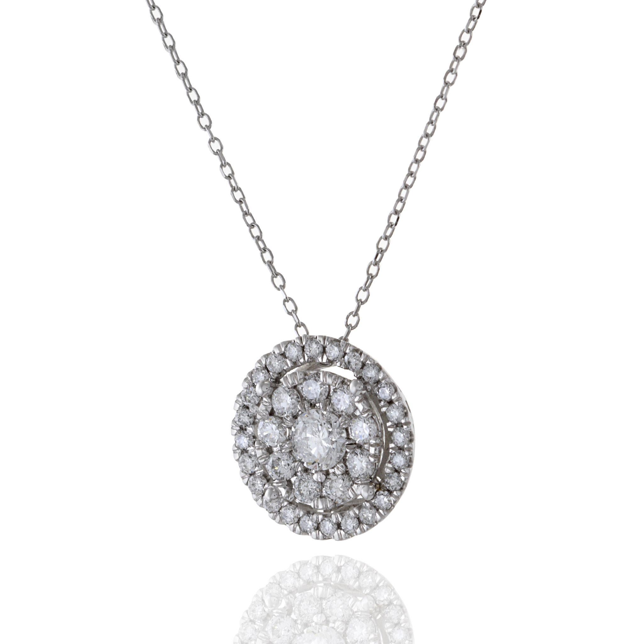 Round Cut 14KT White Gold Halo Cluster Diamond Pendant Necklace For Sale