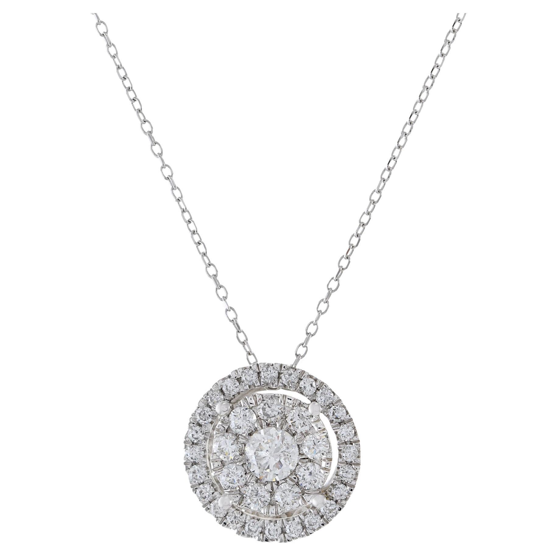 14KT White Gold Halo Cluster Diamond Pendant Necklace
