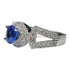 14kt White gold Halo Sapphire and Diamond Split Shank Ring