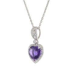 14KT White Gold Heart-Shaped Amethyst and Diamond Pendant Necklace
